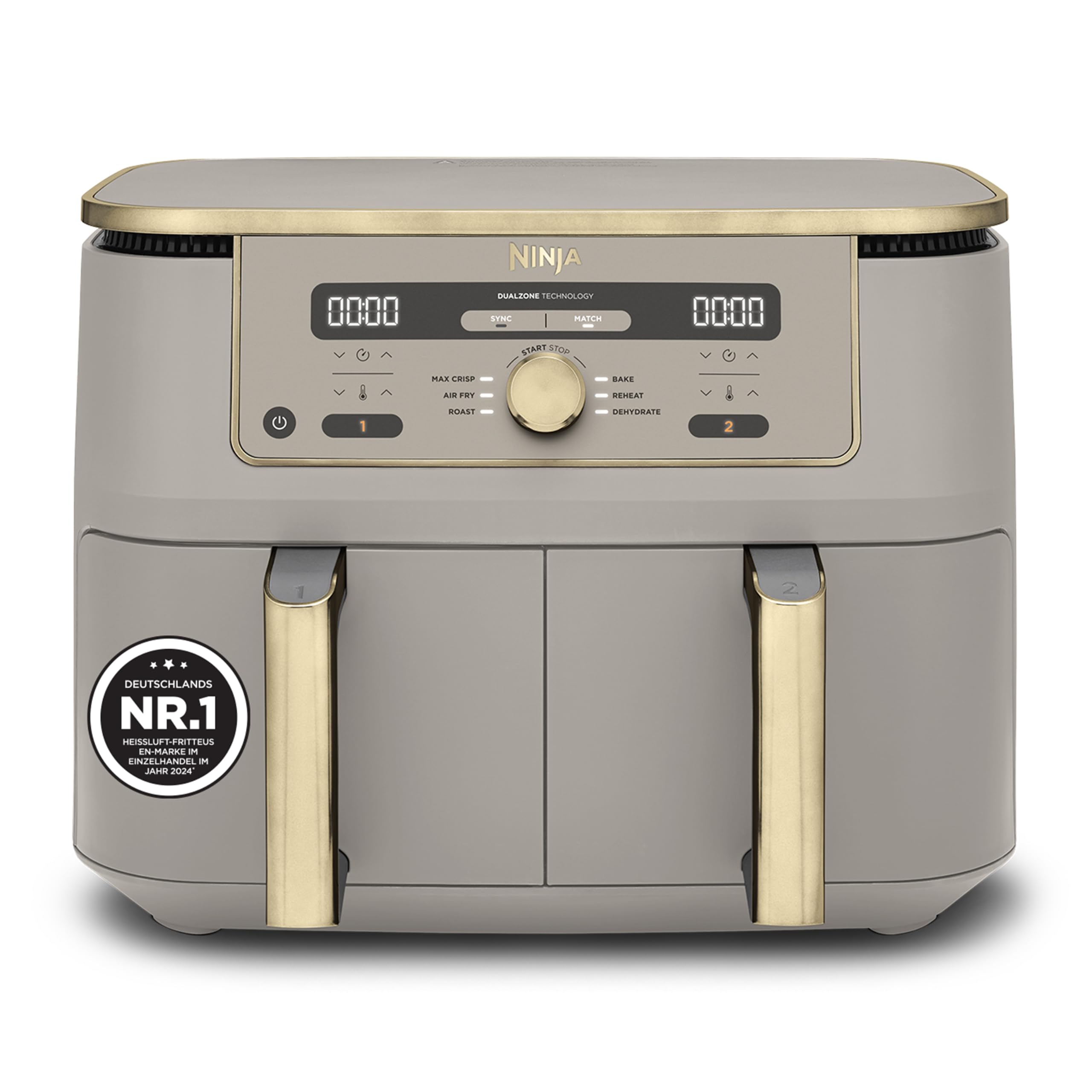 Ninja Dual Zone Digital Air Fryer, 2 Drawer, 6-in-1, Air Fryer, 9.5L, Air Frying, Max Crisp, Roasting, Baking, Reheating, Dishwasher Safe Baskets, Stone/Gold DZ400EUSTGD