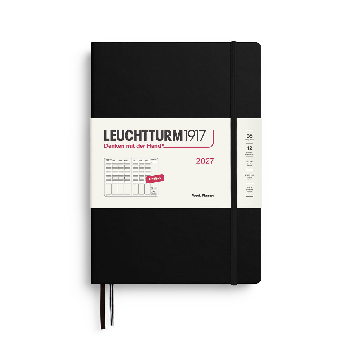 LEUCHTTURM1917 weekly planner 2027 Composition (B5) - English, black, 254 x 178 mm, January-December (12 months), weekly overview with hourly grid 7:00-22:00 per column, hardcover, 80 g/m² paper - 400308