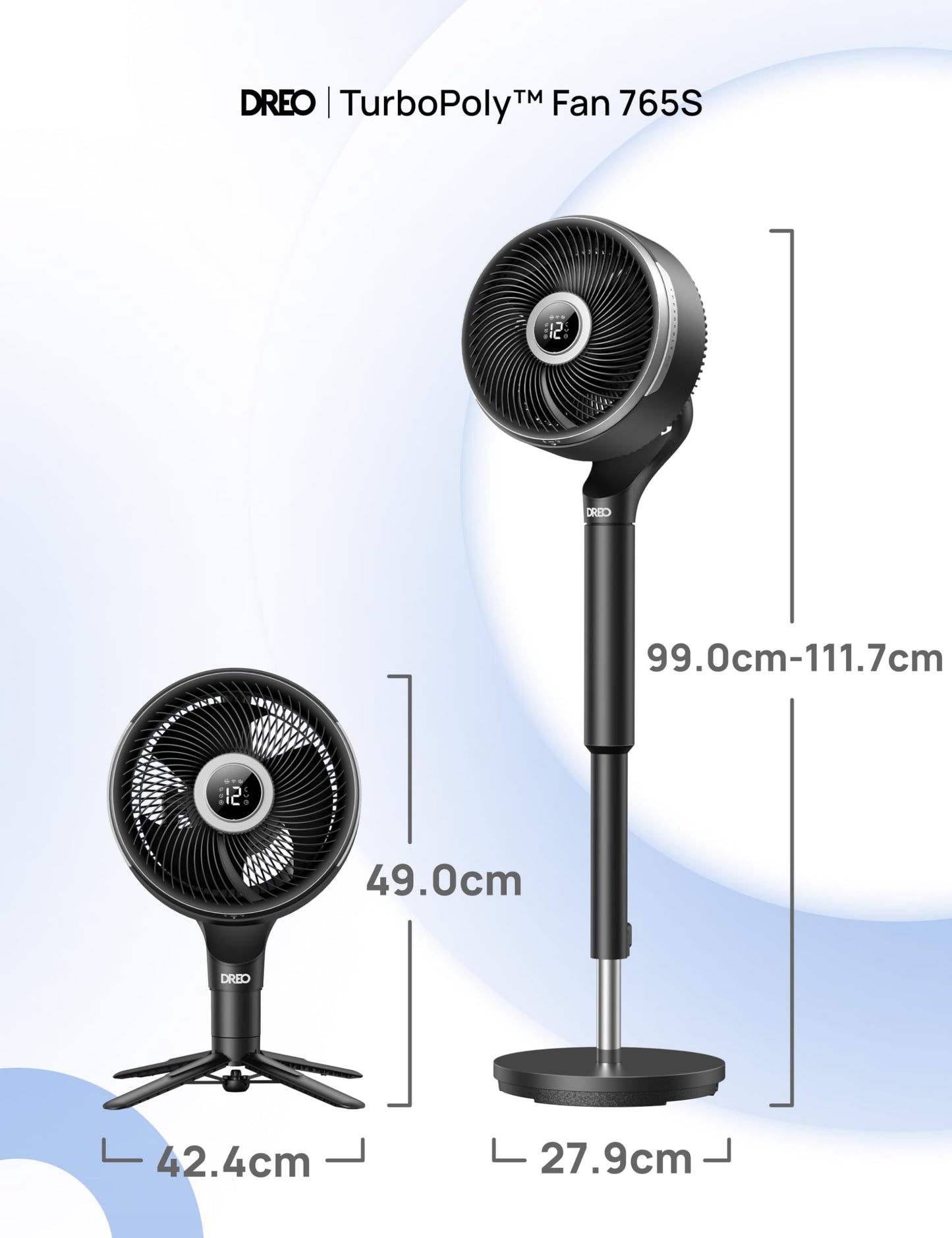 DREO Smart Bedroom Fan, Pedestal Fan, 150°+100° Omnidirectional Oscillation, 36.6m CirculAir Range, Quiet DC Motor, 12 Levels, 6 Modes, 20dB, Remote Control, 12h Timer. - DR-HPF015S