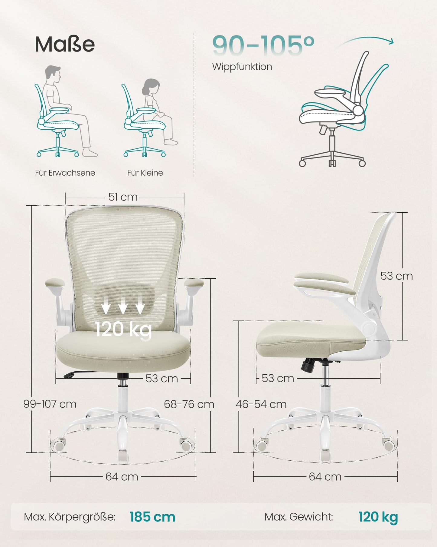 SONGMICS ergonomic office chair, swivel chair with mesh, lumbar and headrest, rocker function, 53 cm seat, folding armrests, study and bedroom, students, oatmeal beige OBN037K02