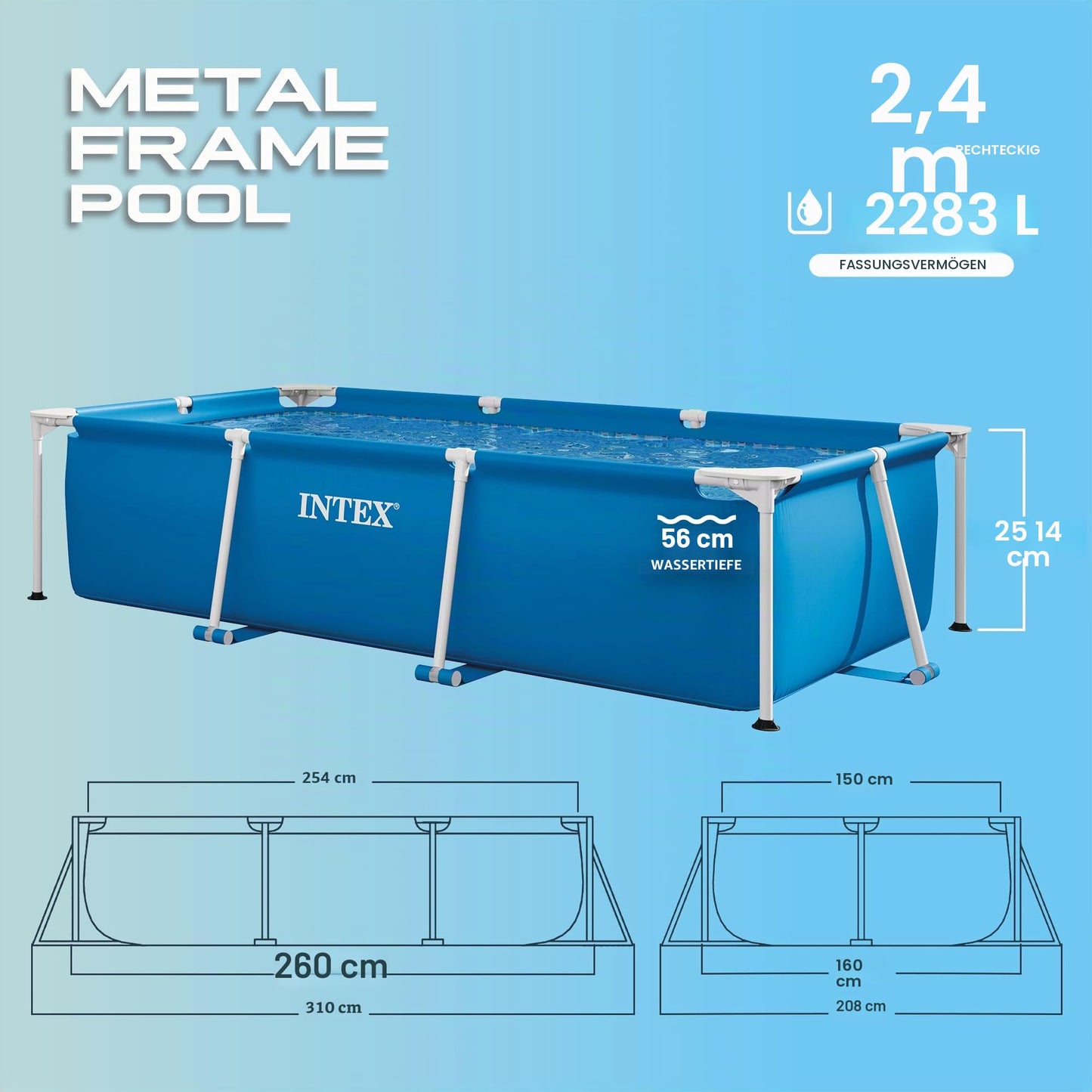 INTEX "Metal Frame" pool rectangular above ground pool (260 x 160 x 65cm) children's pool family pool swimming pool volume approx. 2,282l, blue (28271NP)