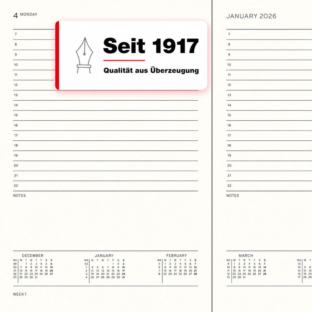 LEUCHTTURM1917 Daily Calendar 2027 Medium (A5) - English, Cherry, 145 x 210 mm, January-December (12 months), 1 page per day, hourly grid 7:00-22:00, hardcover, 80 g/m² paper - 400326