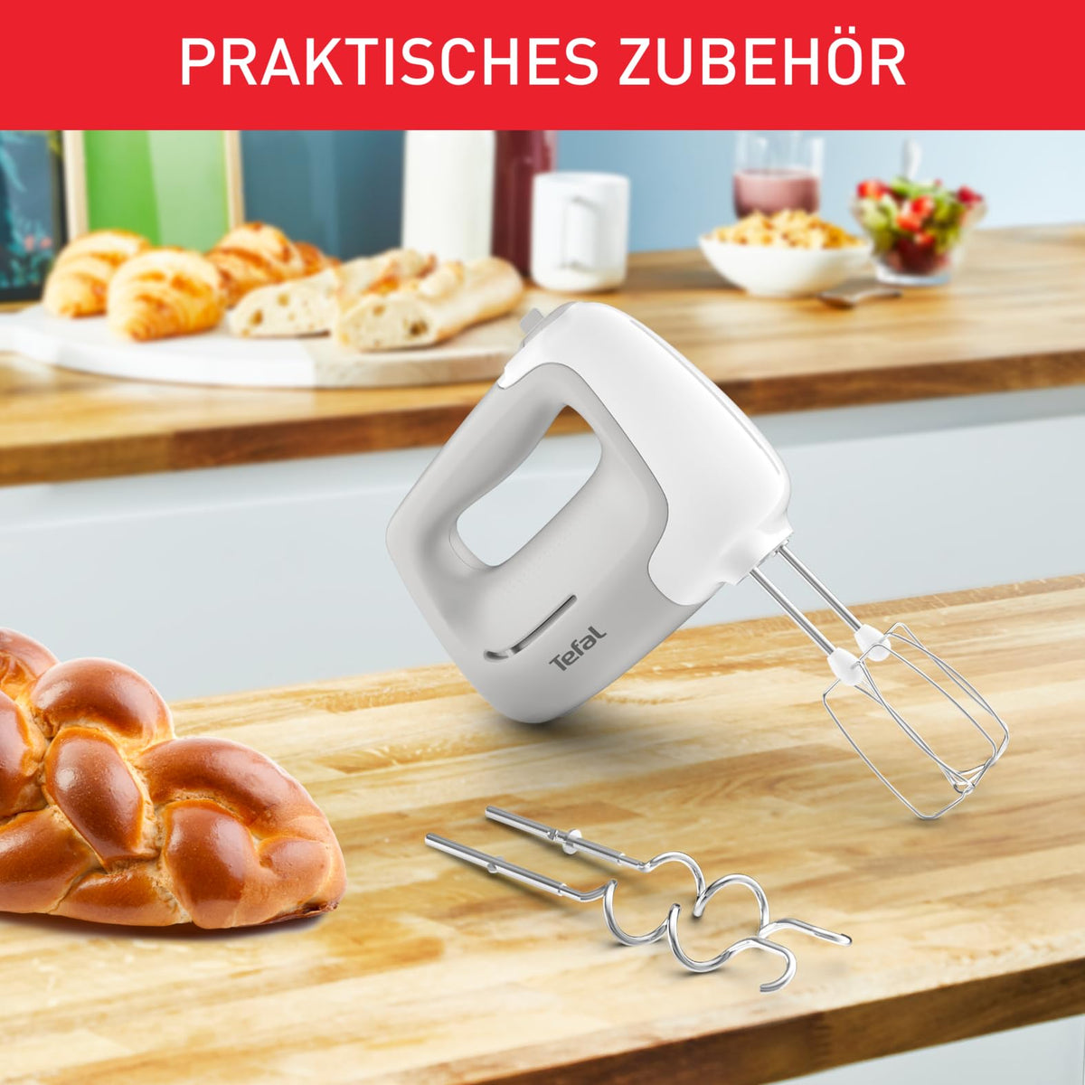 Mixeur à main Tefal Prep'Mix, 450 W, appareil de mixage avec 5 vitesses, 2 fouets et 2 crochets pétrisseurs en acier inoxydable, design ergonomique, accessoires lavables au lave-vaisselle, HT450B