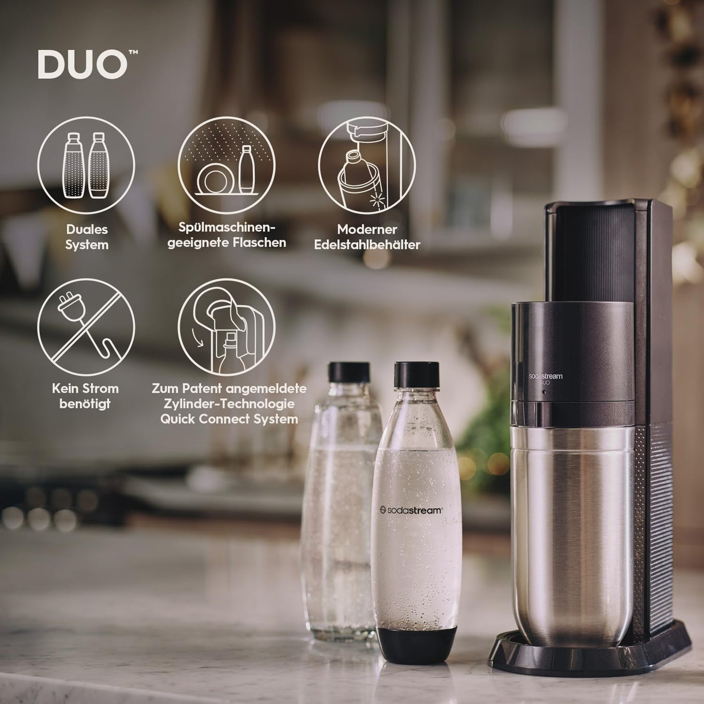 SodaStream water soda maker DUO Comfort set with Quick-Connect CO2 cylinder | Includes 2x 1L glass bottle, 2x 1L FUSE plastic bottle (dishwasher safe) and bottle drainer | Color: titanium - 1100463490