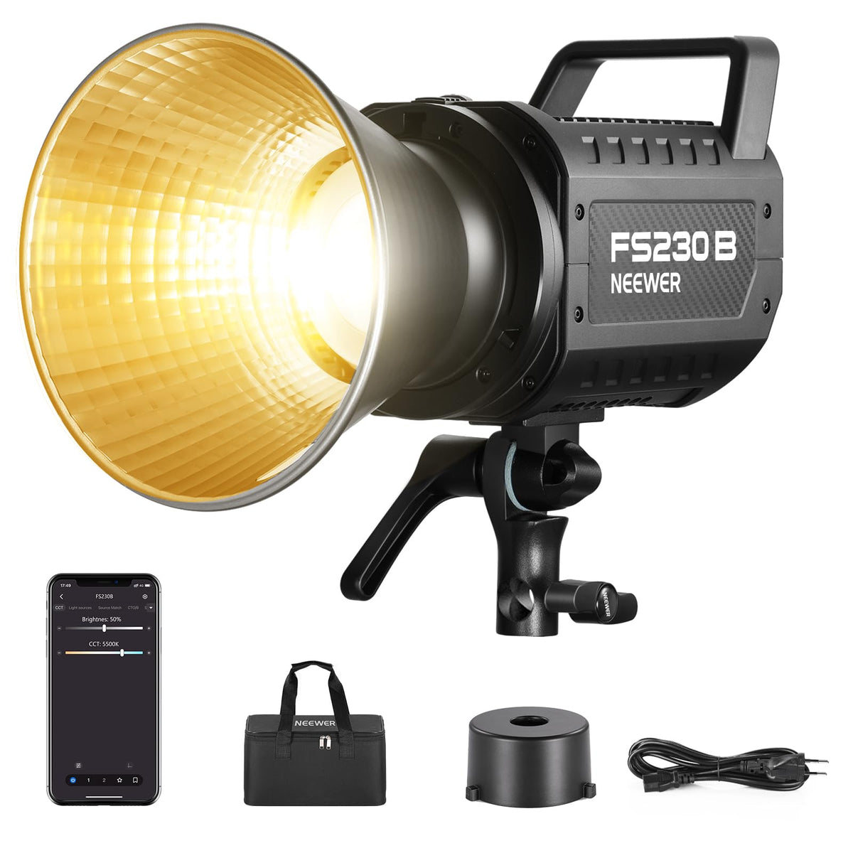 NEEWER FS230B LED Videoleuchte, Studiolicht cu control 2,4G/APP, Videolumină 230W Bi Color COB, lumină continuă silențioasă cu 4 moduri de dimming PWM, 110000Lux/m, 2700K–6500K, CRI 97+, 12 scene, suport Bowens. - 10103867