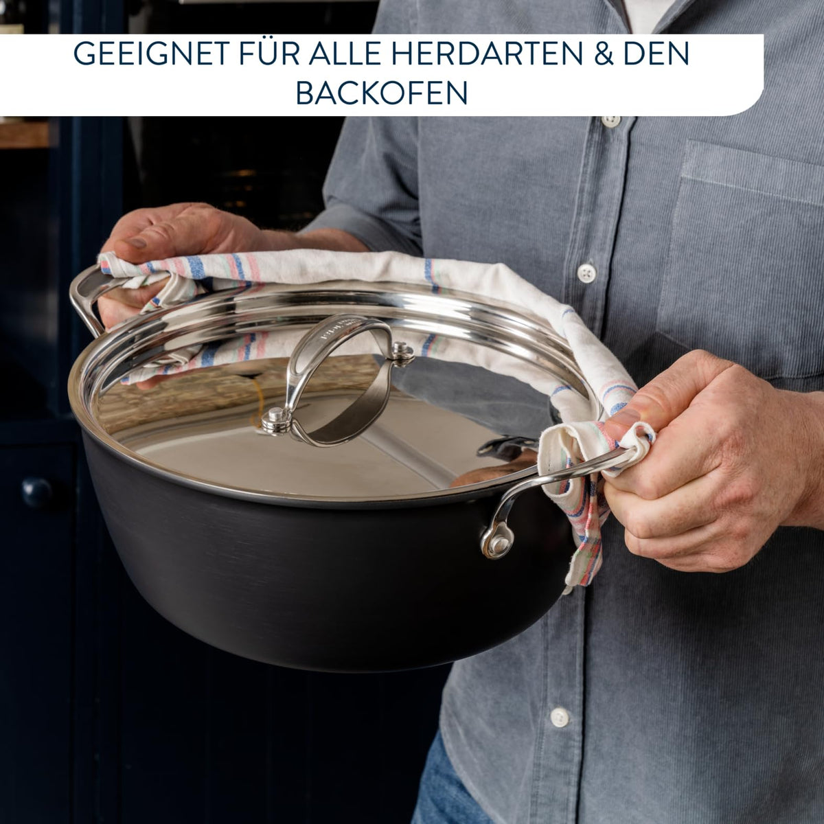 Set de gătit Tefal Jamie Oliver, oală cu fund harteloxat pentru inducție de 30 cm, cu strat antiaderent, ideală pentru cantități mari, cu semnal termic la temperatura optimă de prăjire, inox/negru, H91254 - H9125444
