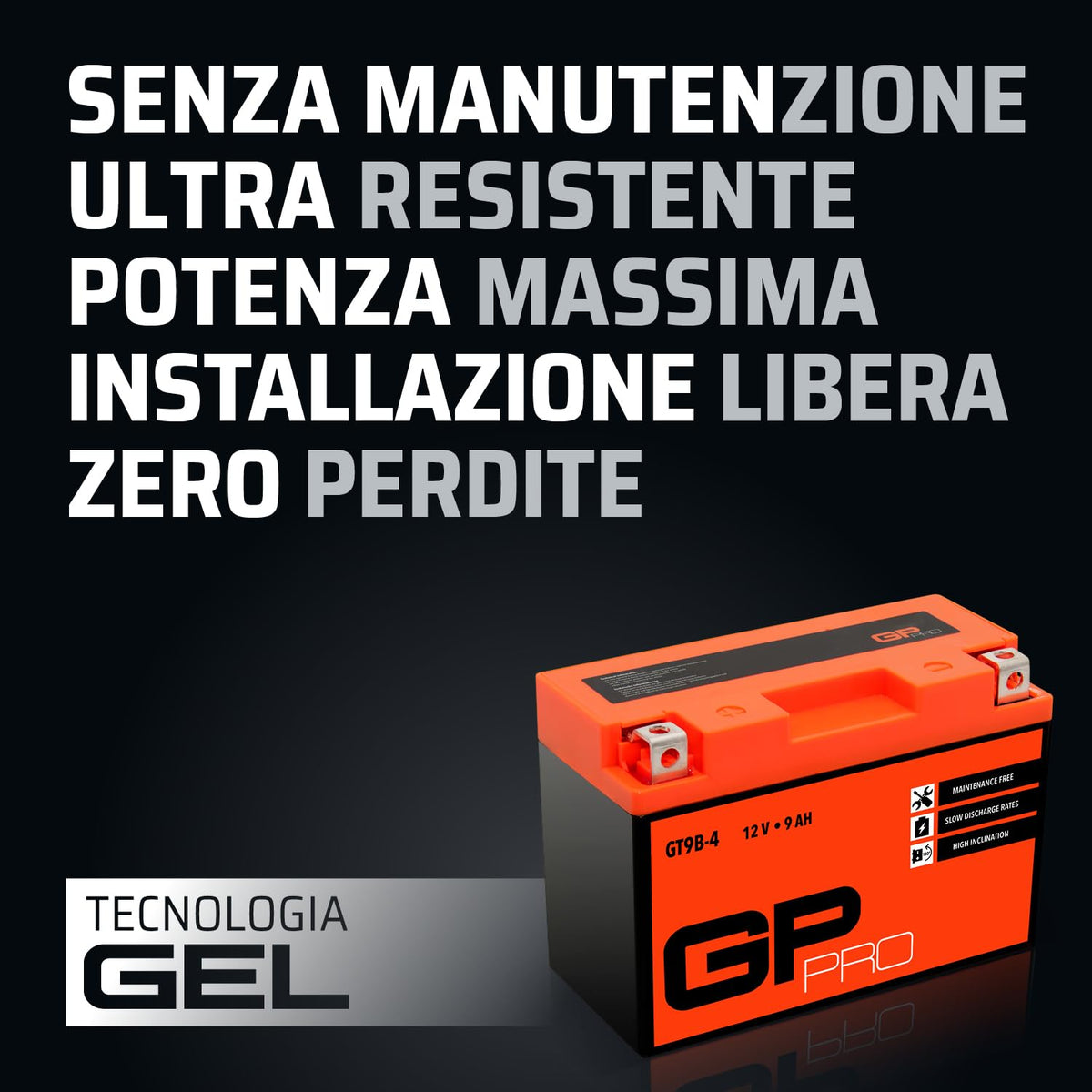 GP-PRO Gel Battery GT9B-4 12 V 9 Ah 120 A Motorcycle Battery - GP-025