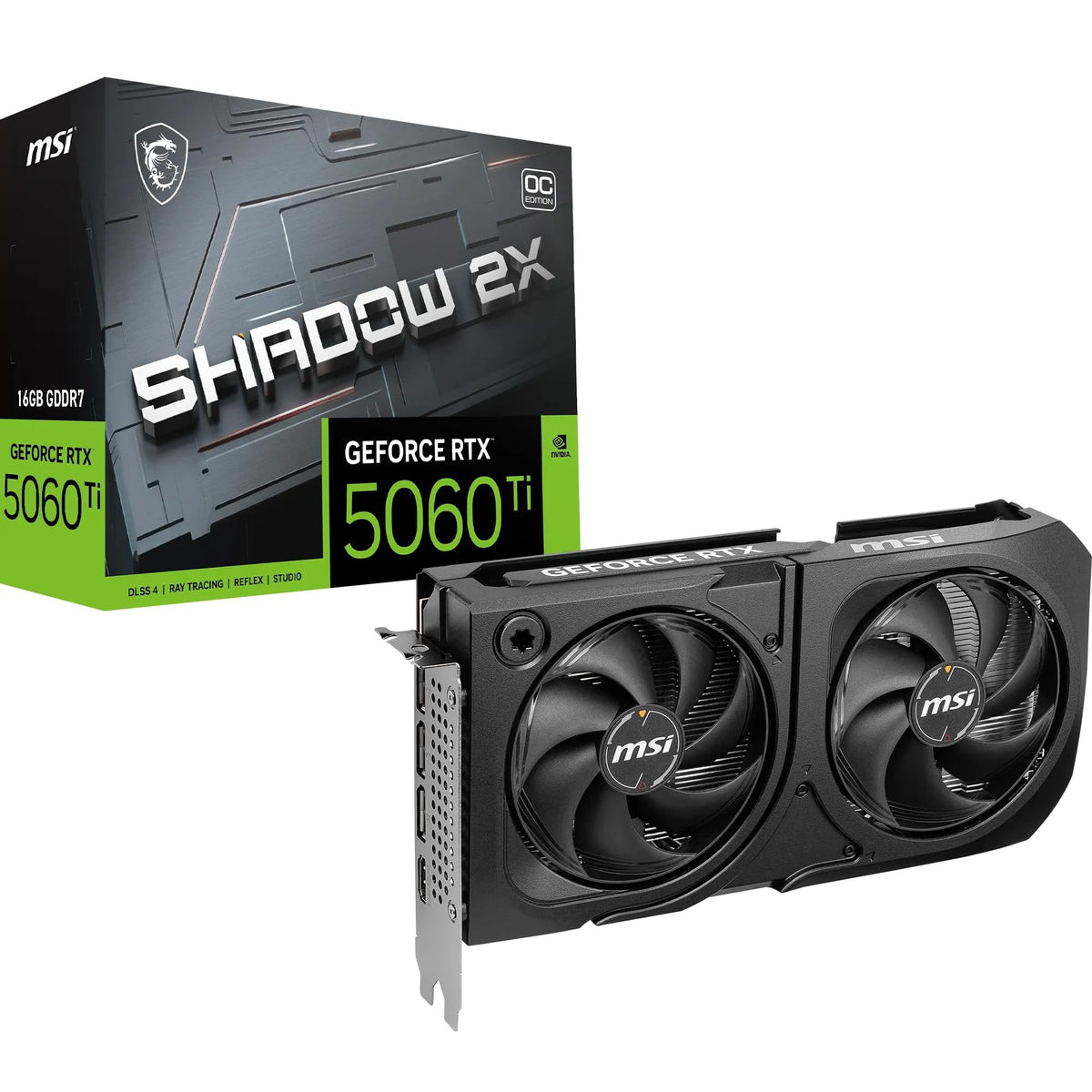 MSI GeForce RTX 5060 Ti 16G Shadow 2X OC Plus - 16GB GDDR7 (28Gbps/128-bit), PCIe 5, Boost: 2602 MHz, HDMI 2.1b, DisplayPort 2.1b, metal backplate - V535-003R