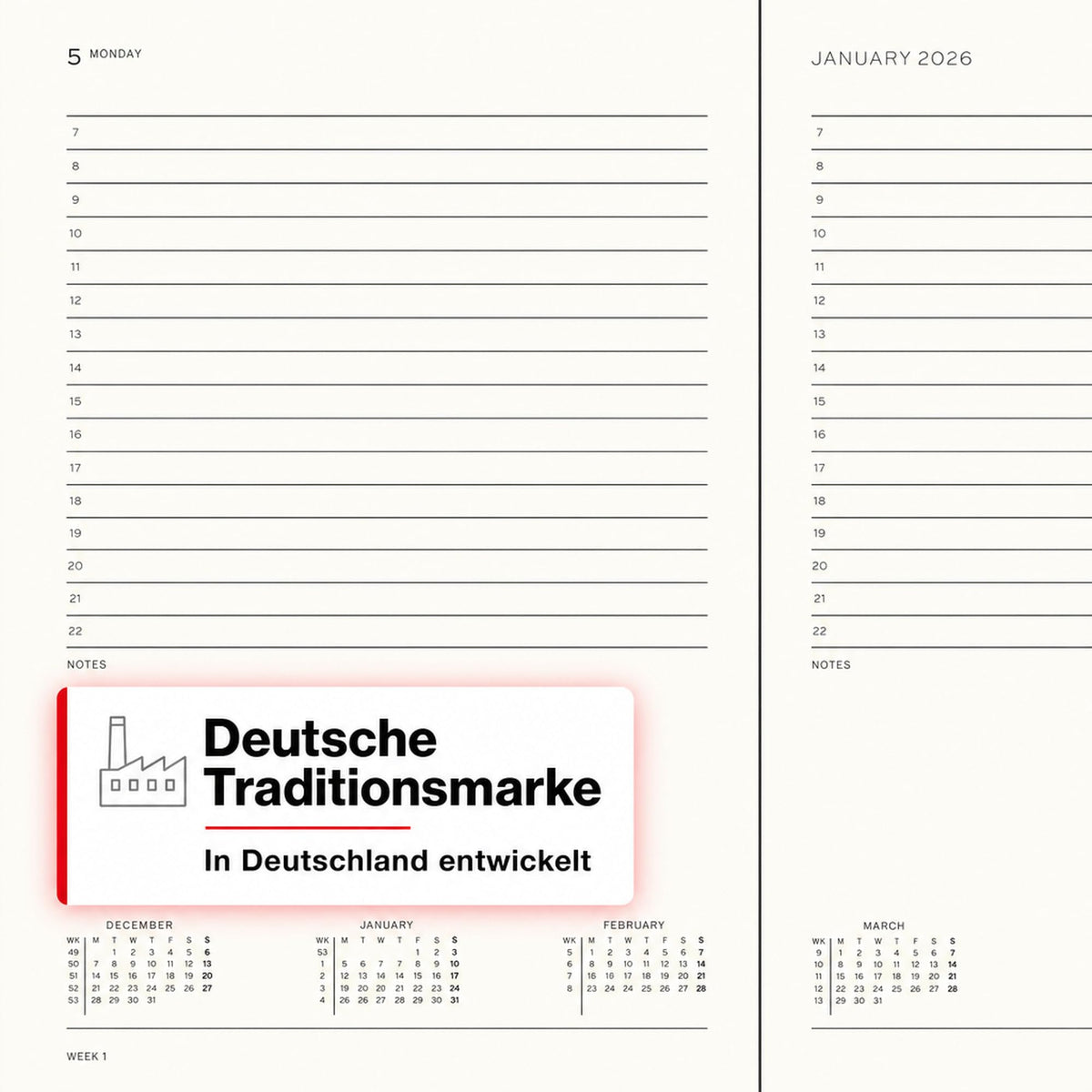LEUCHTTURM1917 Daily Calendar 2027 A4+ (Master) - English, Black, 225 x 315 mm, January-December (12 months), 1 page per day, hourly grid 7:00-22:00, hardcover, 100 g/m² paper - 400323
