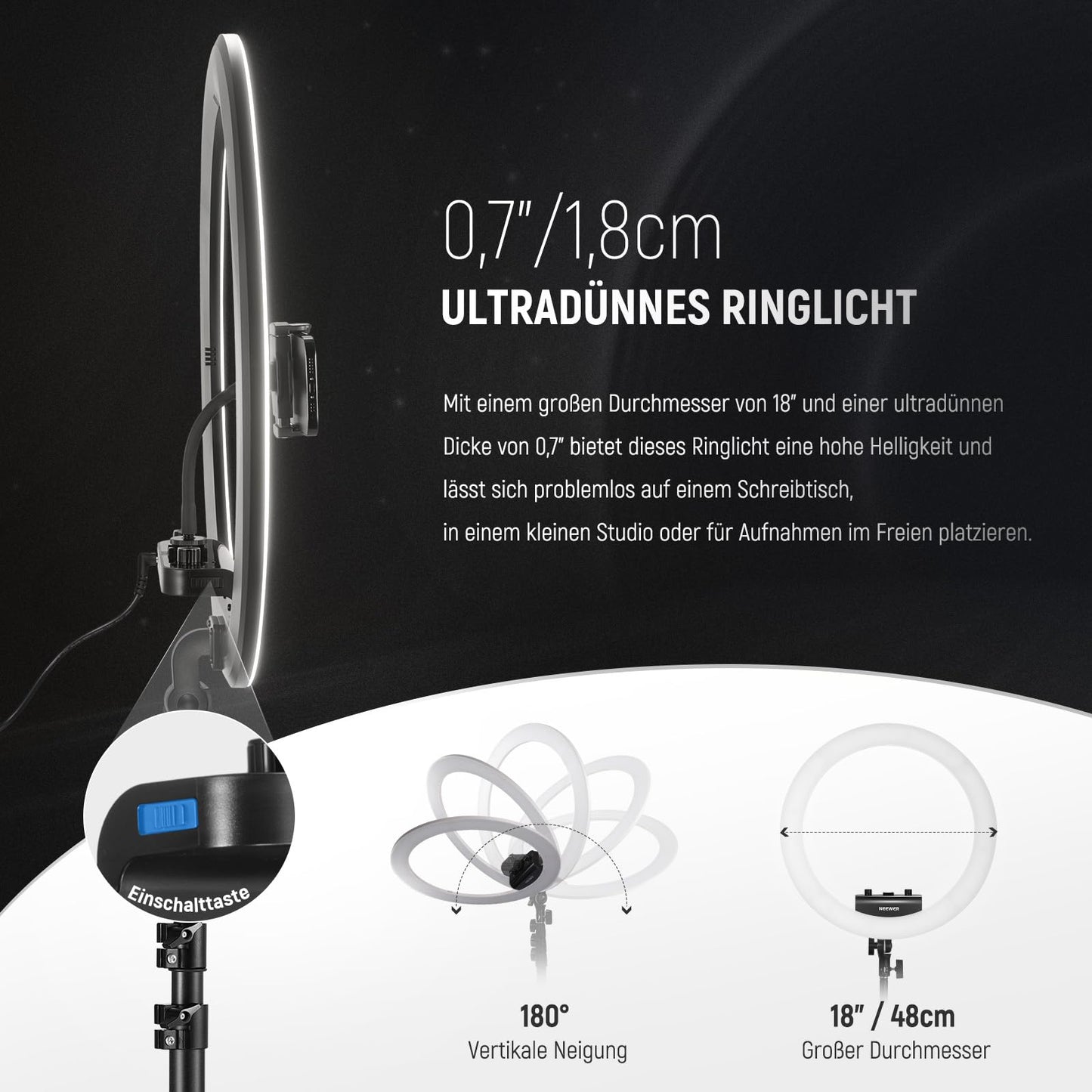 NEEWER Professional Ring Light with Stand and Phone Holder, 18" Ultra Thin, 45W 2900K-7000K TLCI98, Remote Shutter and App Control, Softer Lighting for Make Up Live Stream TikTok, RP18B Pro - 10103018