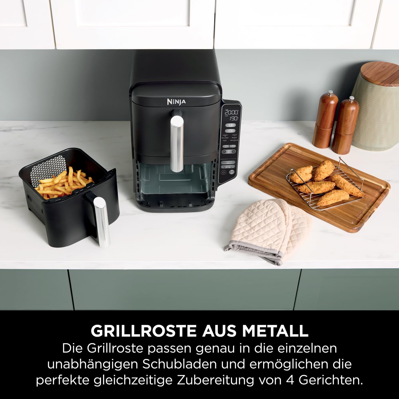 Ninja Double Stack Hot Air Fryer, 7.6L Digital Air Fryer Double Basket with 4 Cooking Levels, 2 Drawers, 2 Racks, Space Saving Design, 6 Cooking Functions, 6 Servings, Black SL300EU - SL300UK