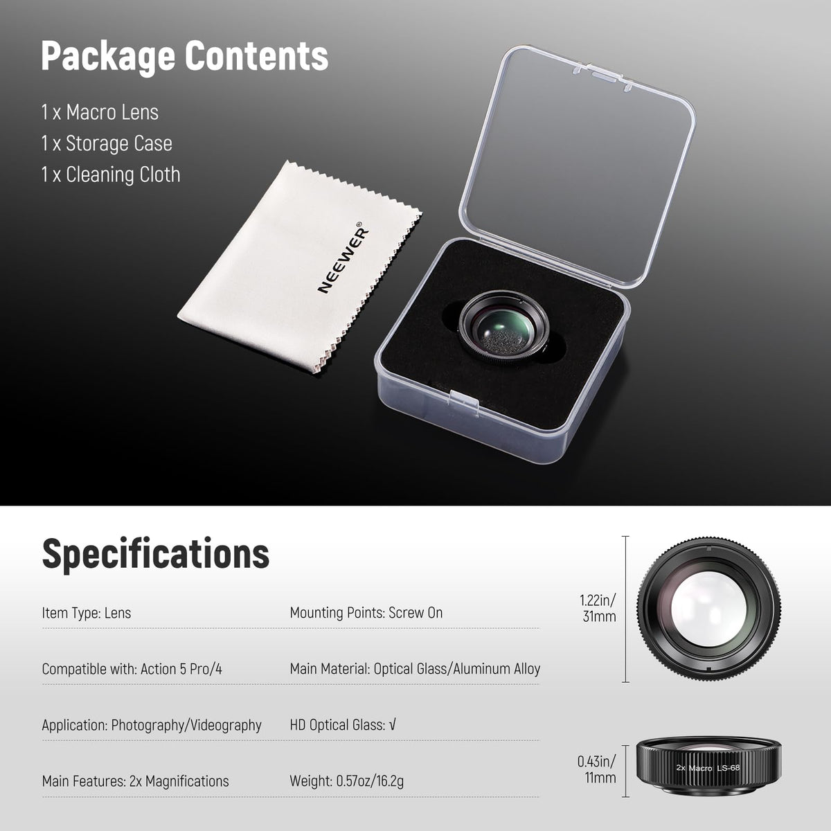 NEEWER Macro Lens compatible with DJI Osmo Nano/Action 5 Pro/Action 4 - 10106190