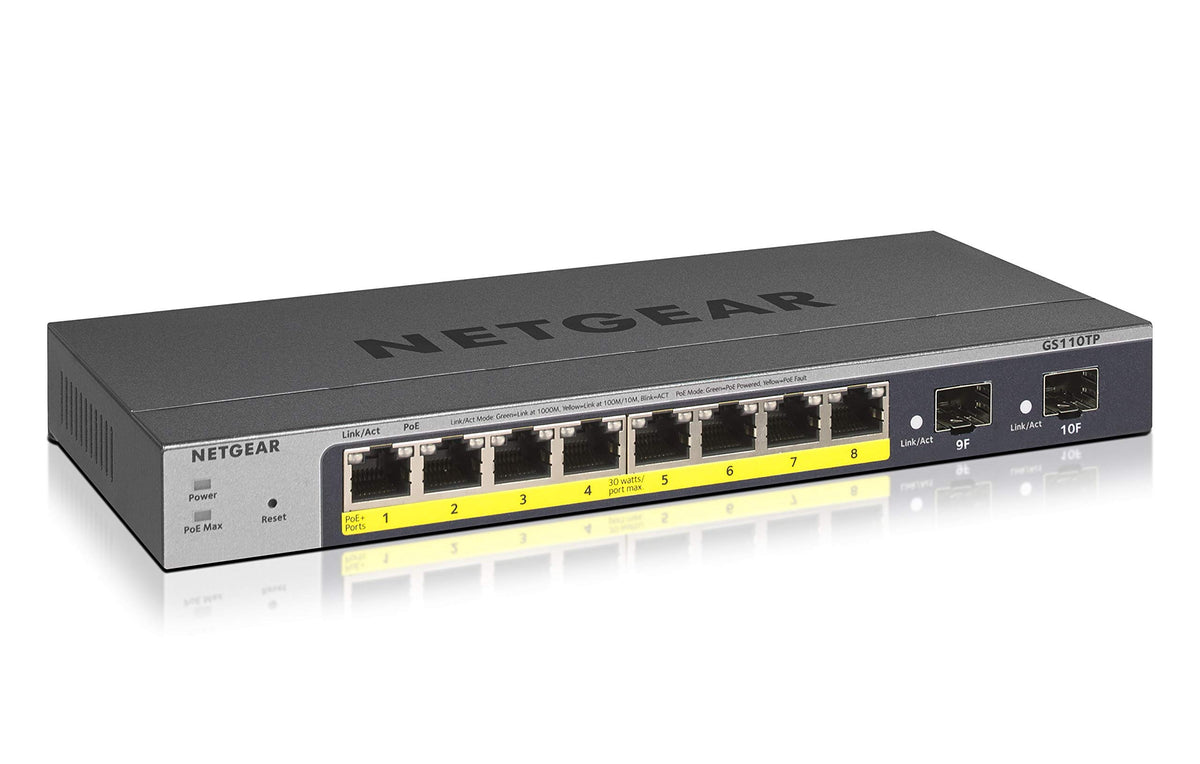 NETGEAR GS110TP Switch Gigabit Ethernet LAN PoE cu 10 porturi Smart (Gestionat cu 8X PoE+ 55W, 2X 1G-SFP, management local sau de la distanță prin Insight Cloud, fără ventilator, garanție ProSAFE pe viață) - GS110TP-300EUS