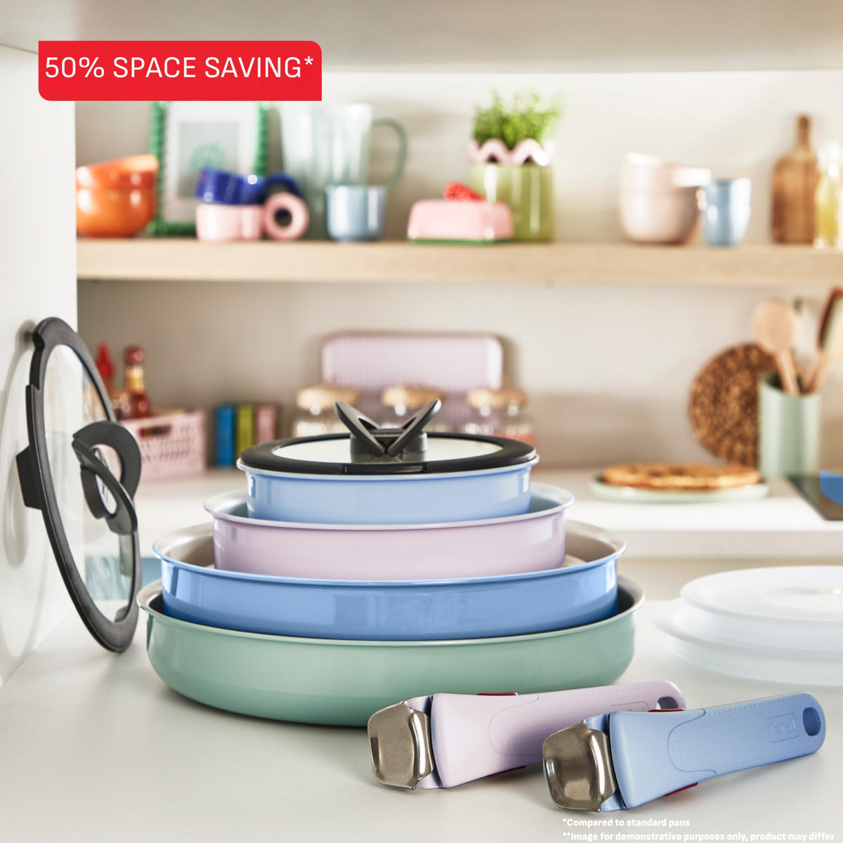 Tefal Ingenio Serenity Cookware Set 11-piece – stackable and space-saving set made of aluminum, Mineralia non-stick coating, detachable handle, suitable for all types of cooktops including induction, Eucalyptus - L828SB04