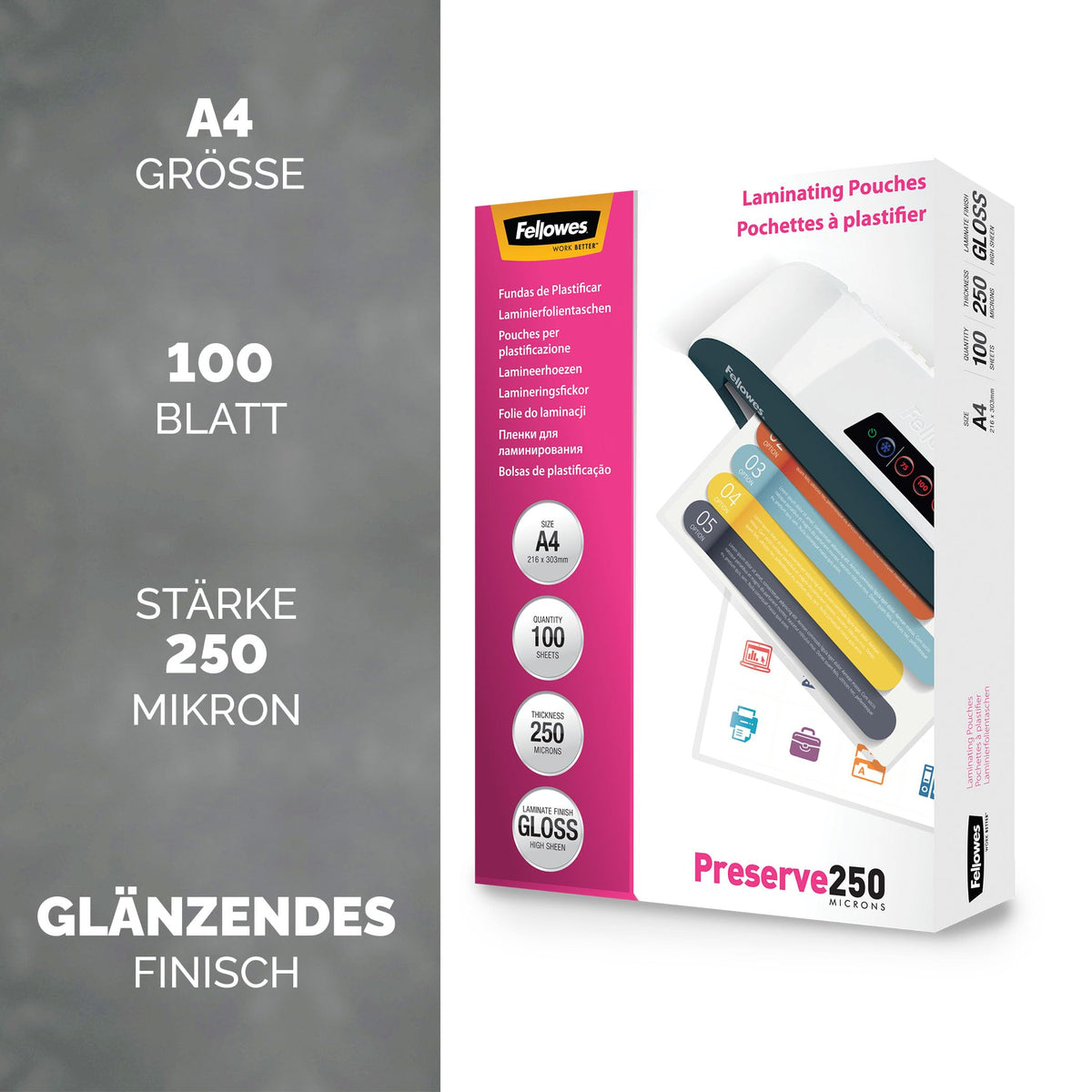 Fellowes Laminating Pouches A4, 250 Micron (2 x 250 mic), Hot Laminating Pouches with Glossy Finish, Very Strong, 100 Pieces - 5401802