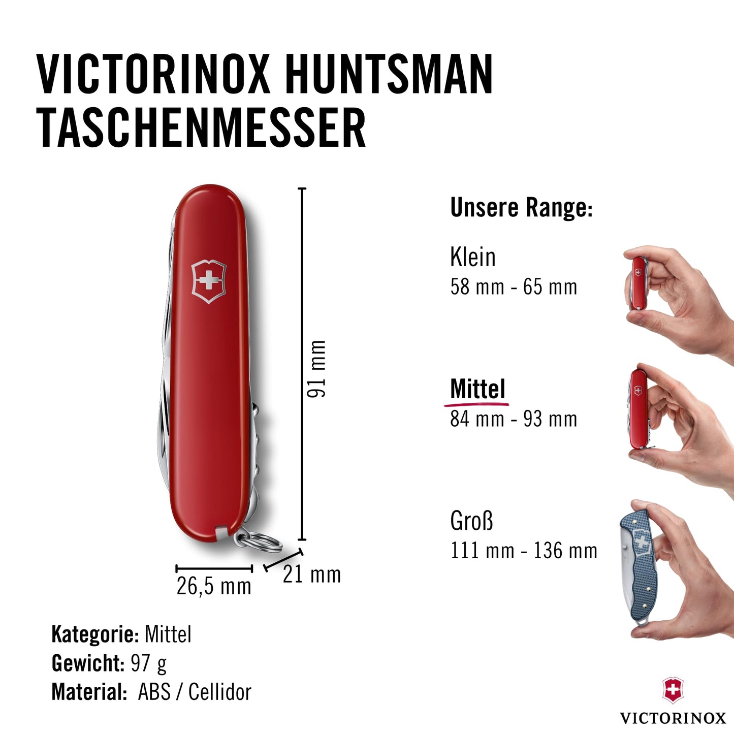 Victorinox, pocket knife, Huntsman, 91 mm, red (15 functions, blade, corkscrew, can opener, blade) - 1.3713-033-X1