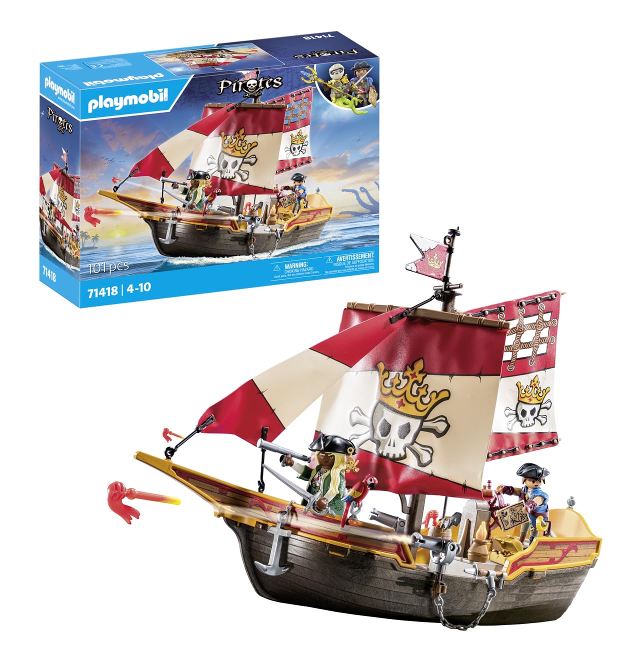 PLAYMOBIL Pirates 71418 pirate ship, exciting adventures on the high seas, with extensive accessories such as telescope, compass and cannons, toy for children aged 4 and over