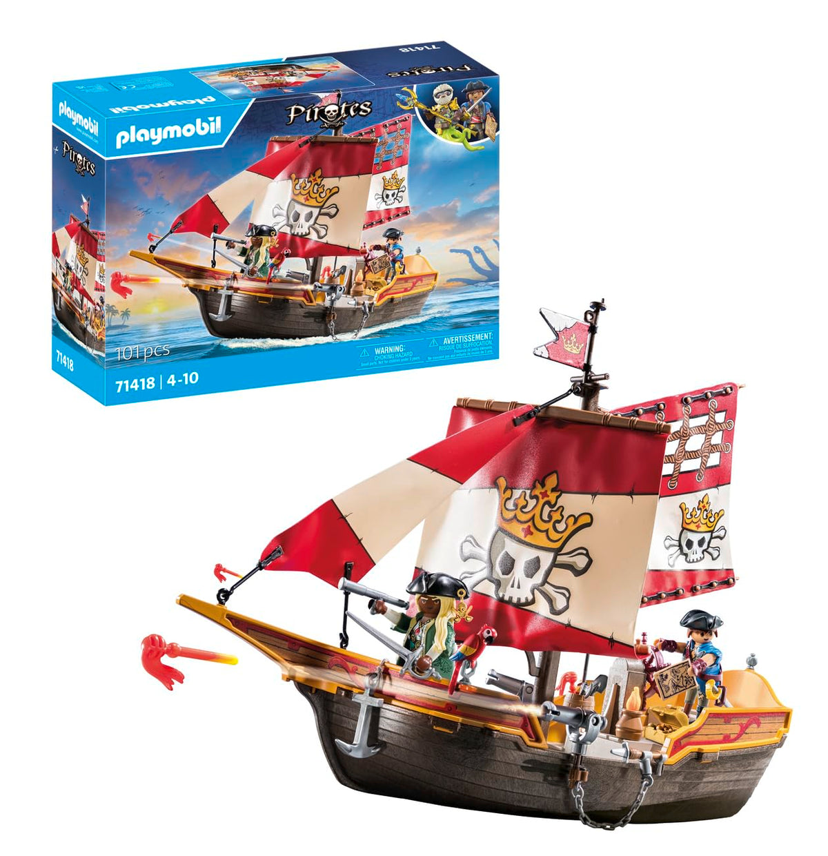 PLAYMOBIL Pirates 71418 pirate ship, exciting adventures on the high seas, with extensive accessories such as telescope, compass and cannons, toy for children aged 4 and over