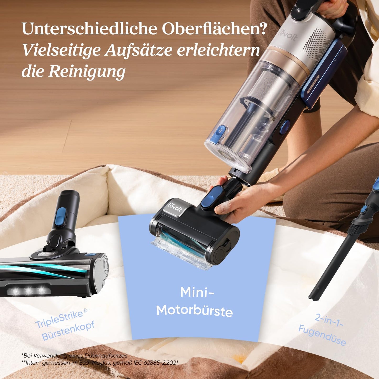 Levoit - Cordless vacuum cleaner - Running time for 150㎡ - Wireless vacuum cleaner - 99.9 percent dust capture rate - Mini motor brush - Self-standing - Anti Tangle - For pet hair/carpets/hard floors/car-LVAC-300, blue - LVAC-300DE