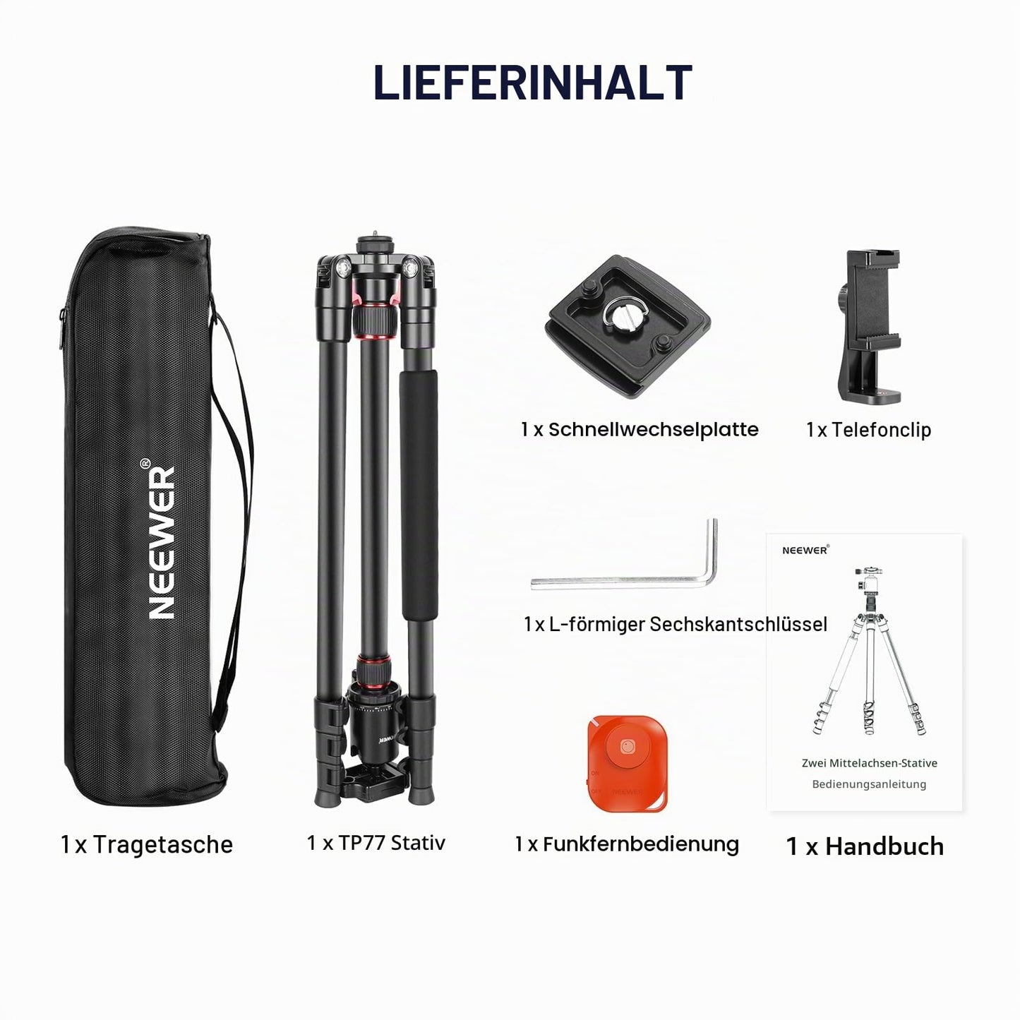 NEEWER 195.6cm Camera Tripod Monopod with Cell Phone Holder, Portable Travel Tripod with Remote Control 360° Ball Head 2 Axis Center Column, Arca QR Plate, Bag, Aluminum DSLR Tripod, Max 15.4kg, TP77 - 10104153