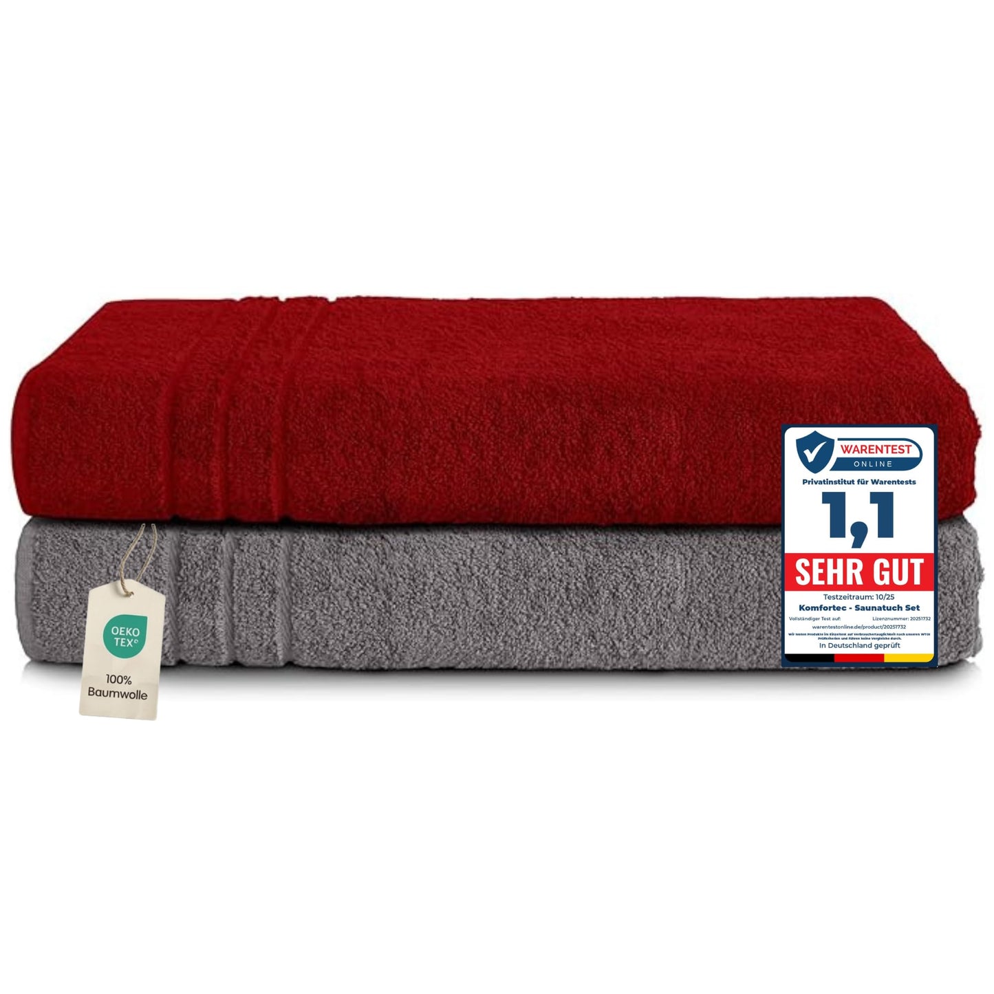 Komfortec 2 sauna towel set 80x200 cm, large sauna towels made of 100% cotton, sauna towels, fluffy and absorbent, quick-drying, anthracite gray/aurora red - 2er-80x200-anhtrazit-aurorarot