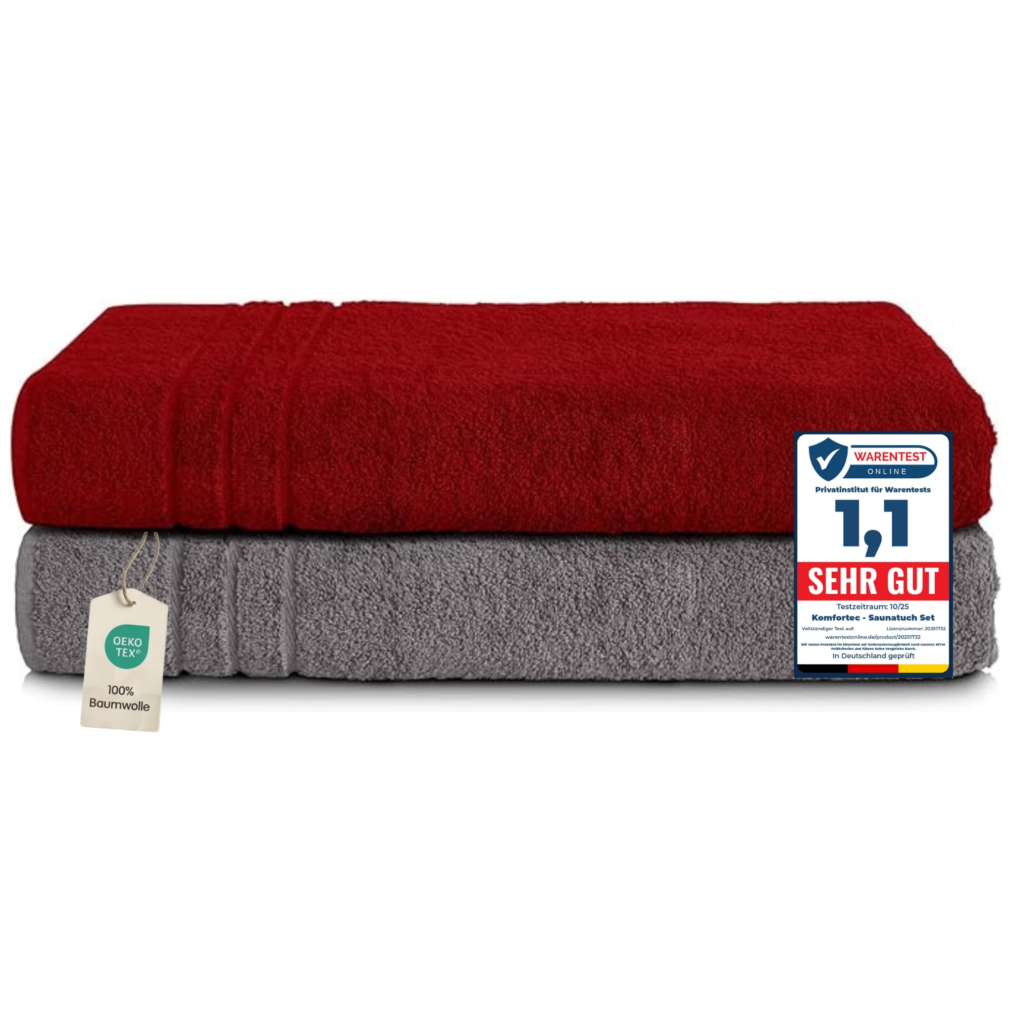 Set de 2 prosoape de saună Komfortec 2, 80x200 cm, prosoape mari de saună din bumbac 100%, pufoase și absorbante, cu uscare rapidă, gri antracit/roșu aurora - 2 bucăți-80x200-griantracit-roșuaurora