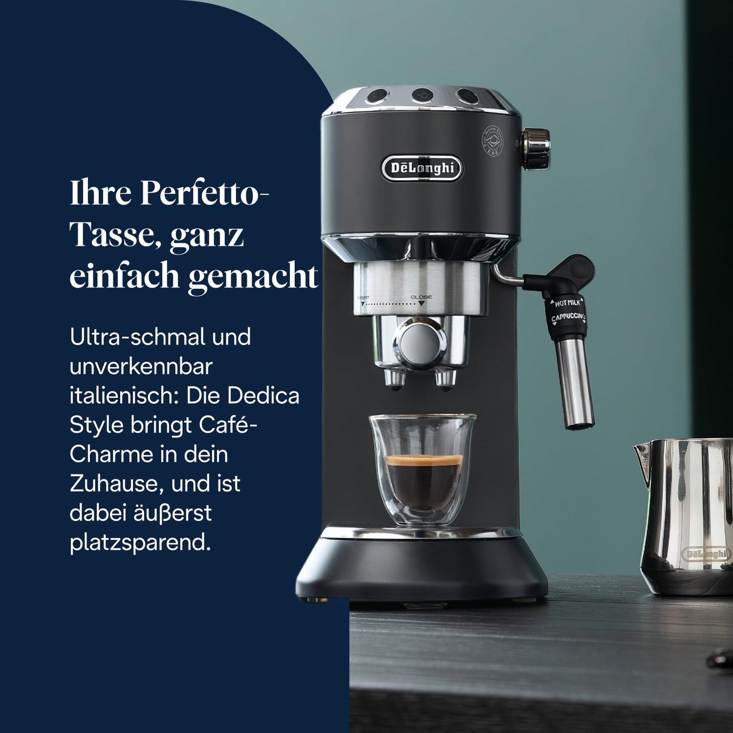 De'Longhi Dedica Style - Perfetto compact portafilter machine espresso machine with buttons, manual milk frother for espresso and cappuccino, ESE pad suitable, 15cm wide, black (EC685.BK) - 0132106170