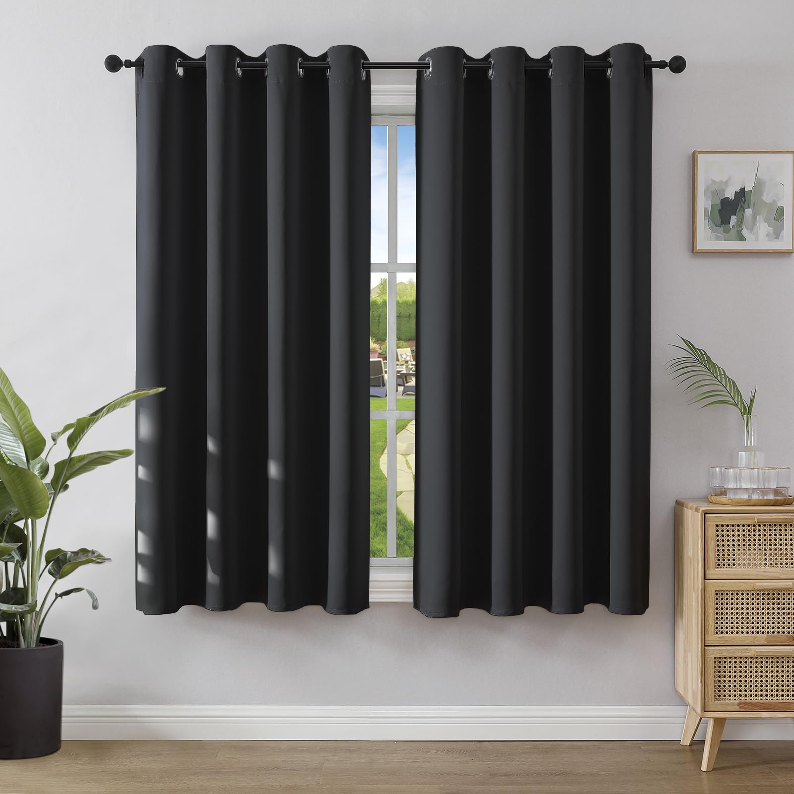 Joydeco Opaque curtains with eyelets, set of 2, blackout curtain, thermal curtain, heat protection, eyelet curtain for bedroom, living room (2xH137xW117, black) - EJ21001-BL-137-117-V