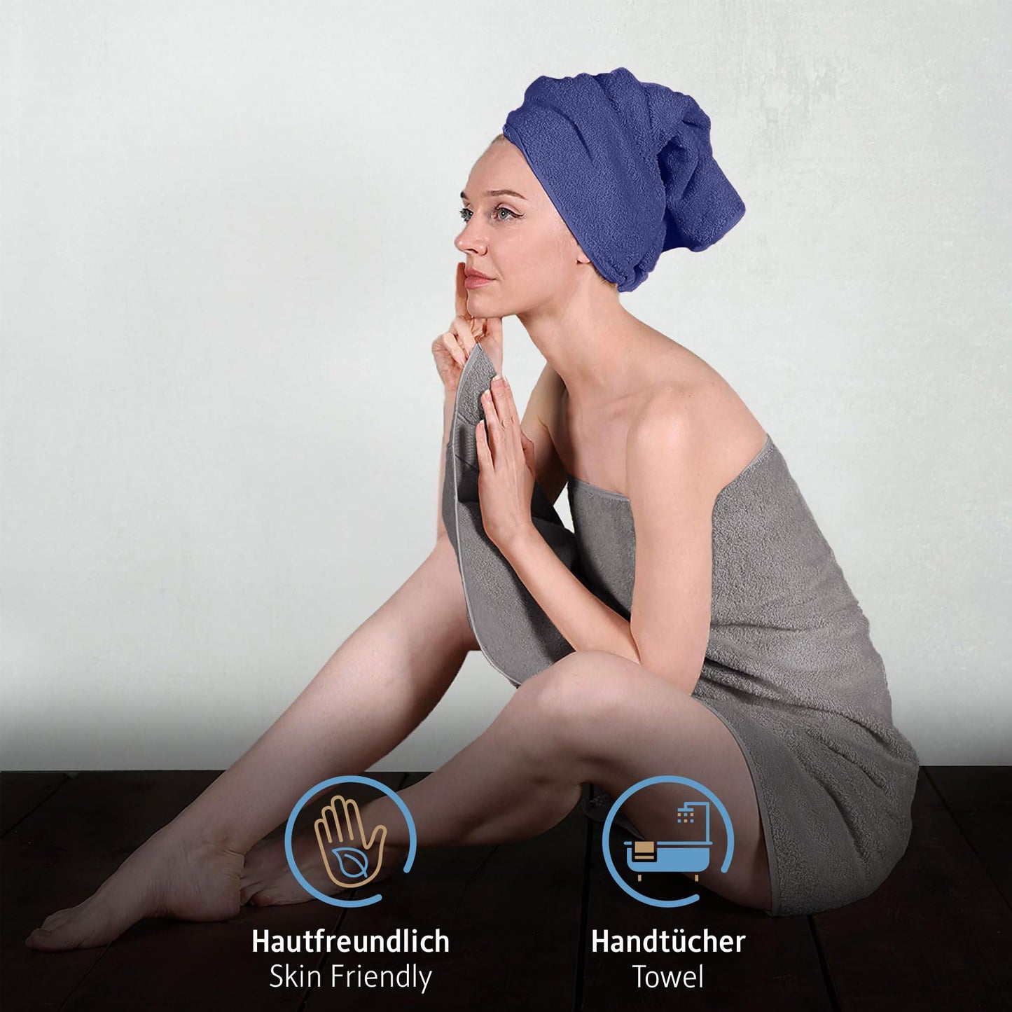 Komfortec set of 8 towels, 4 bath towels 70x140 cm & 4 hand towels 50x100 cm, 100% cotton terry cloth, fluffy and absorbent, anthracite gray/navy blue - 4er-50x100-und-4er-70x140-anth-navy