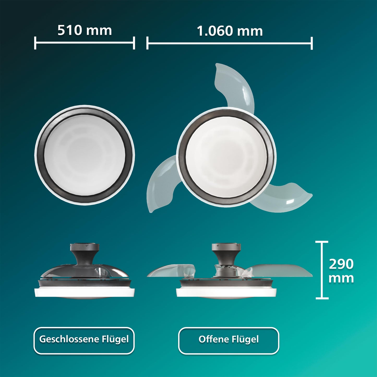 Philips Bliss ceiling fan with LED light and retractable blades, 3 blades, 106 cm wingspan, 4,500 lumens, adjustable. Light (3,000 K to 6,500 K), dimmable up to 5%, including remote control, black - 929004749701
