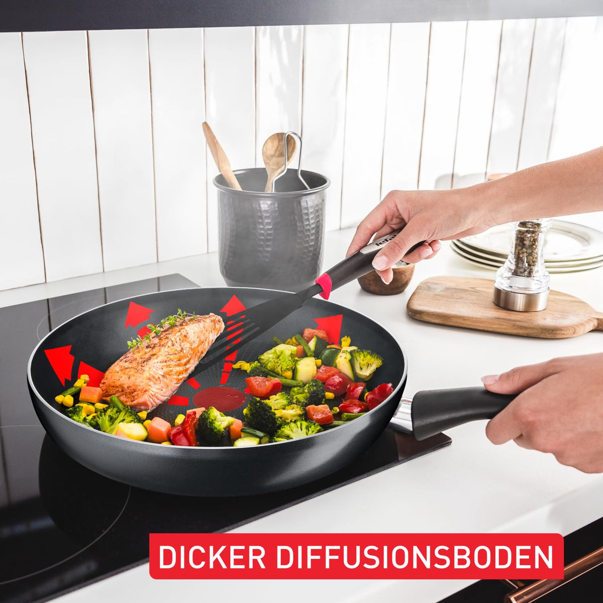 Tefal C38819 Hard Titanium Essential Wok de 28 cm, cu un strat antiaderent cu particule de titan, indicator de temperatură Thermo-Signal, lavabil în mașina de spălat vase, Fabricat în Franța, Negru