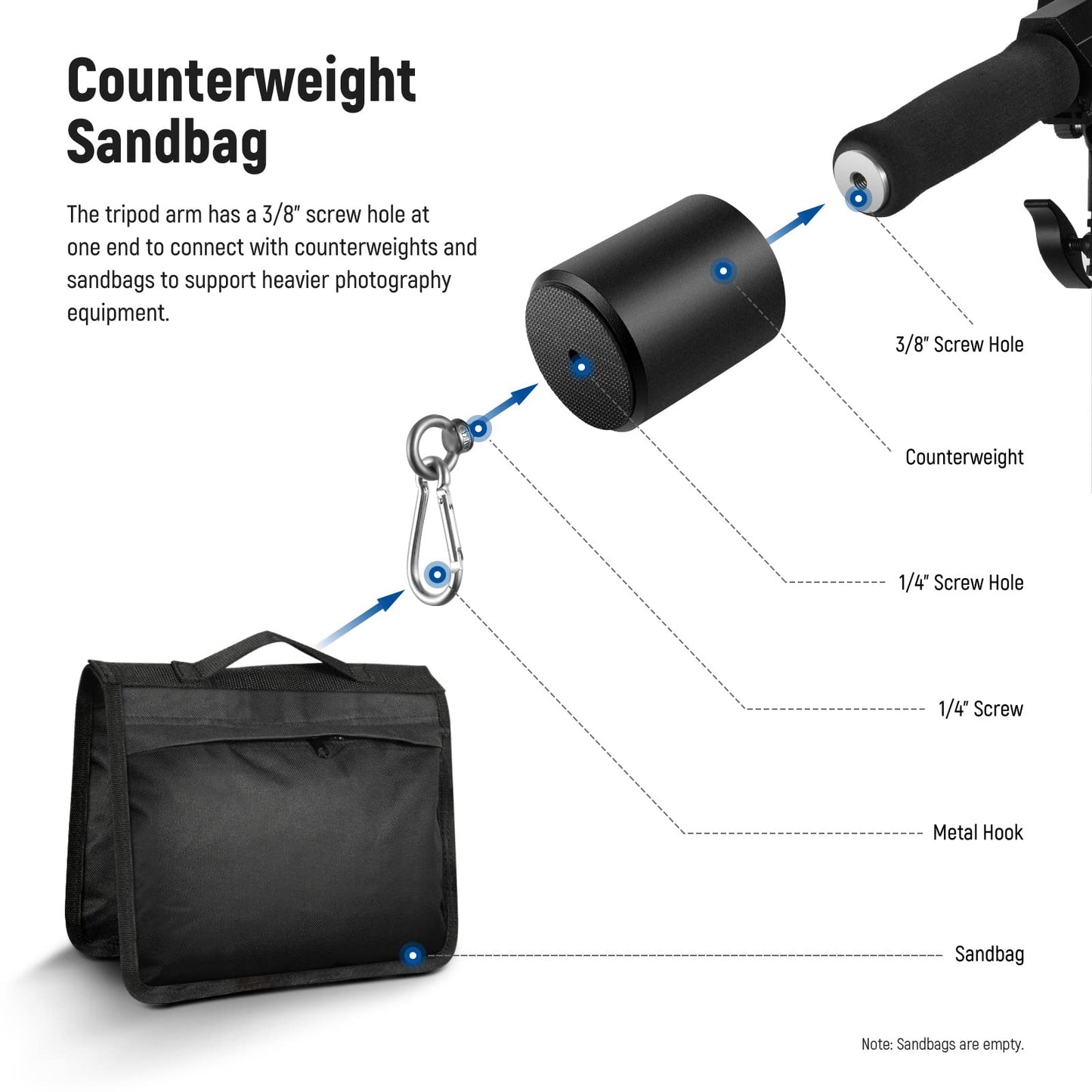 NEEWER Air-cushioned aluminum light stand, 3m adjustable photo tripod with boom arm, counterweight, sandbag, 1/4" screw for softbox, studio light, flash, umbrella, max. load 5kg - 90100462