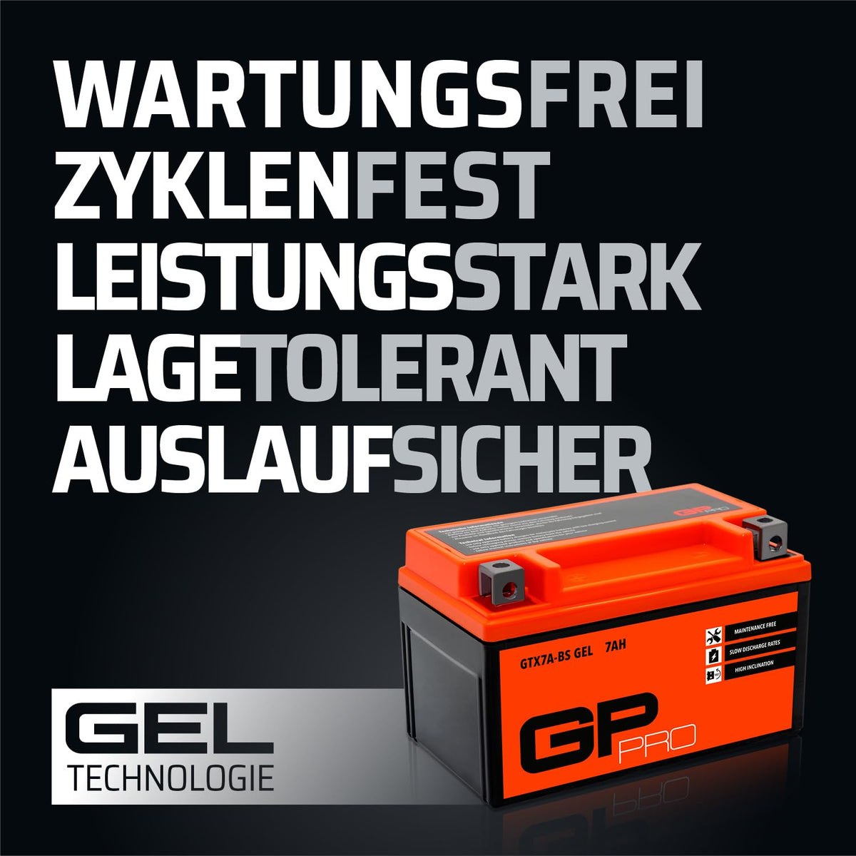 GP-PRO gel battery 12 V 7 Ah maintenance-free compatible with Kymco Super 8 50 - GP-003