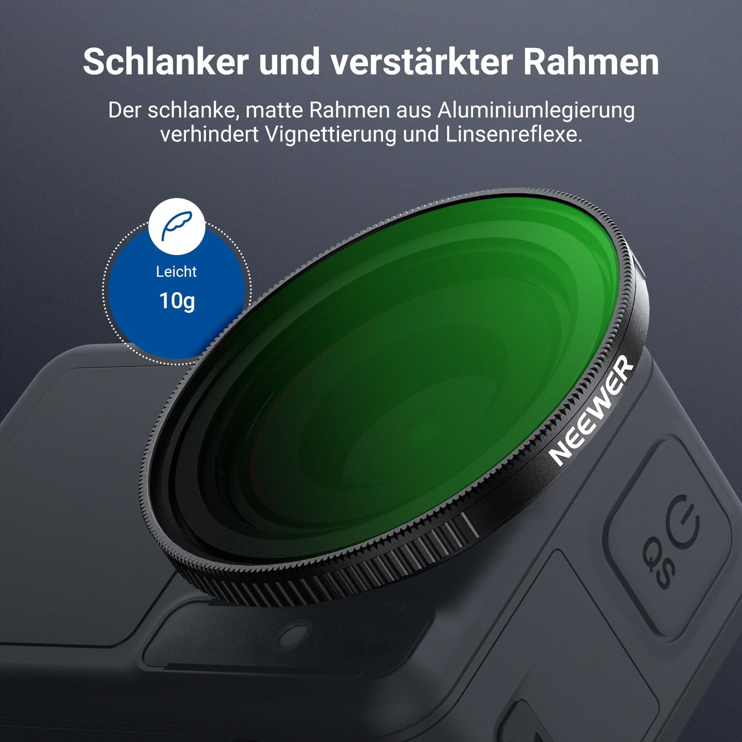 NEEWER Variable ND filter compatible with DJI Osmo Action 5 Pro/4/3, ND2-32, 1-5 Stop, Snap On, multi-coated HD optical glass, gray filter, action cam lens filter, photography accessories - 10107500