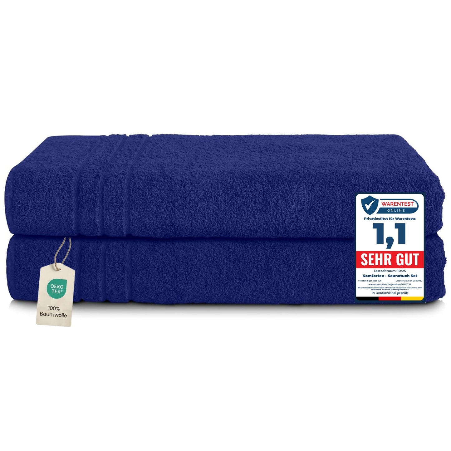 Komfortec 2 sauna towel set 80x200 cm, large sauna towels made of 100% cotton, sauna towels, fluffy and absorbent, quick-drying, navy blue - Blu