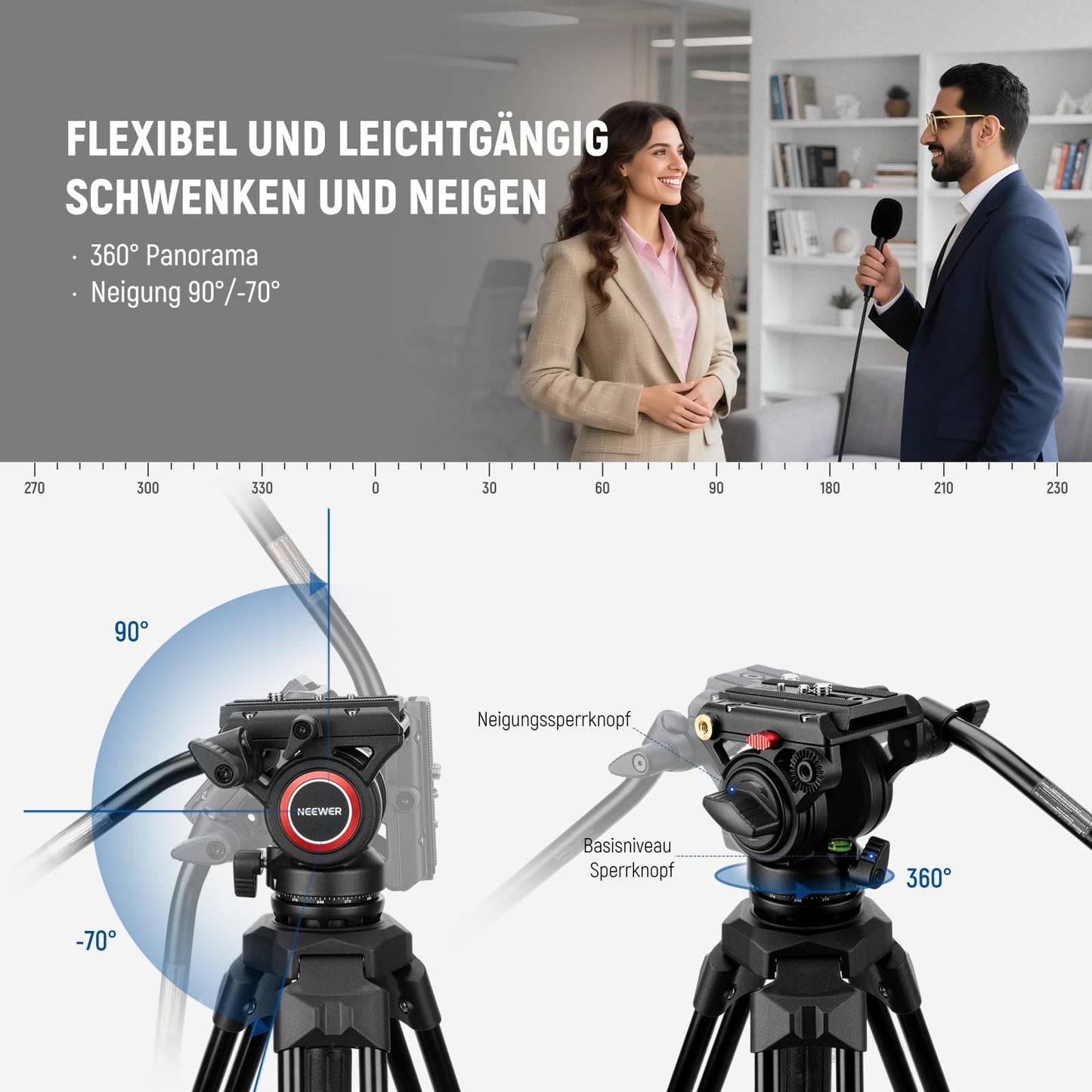 NEEWER Camera Video Tripod with Fluid Head Heavy Duty Lightweight Compact Portable Travel Tripod for DSLR Camcorder Compatible with DJI Gimbals Compatible with Manfrotto QR Plates, Max Load 13.2lbs, TP73