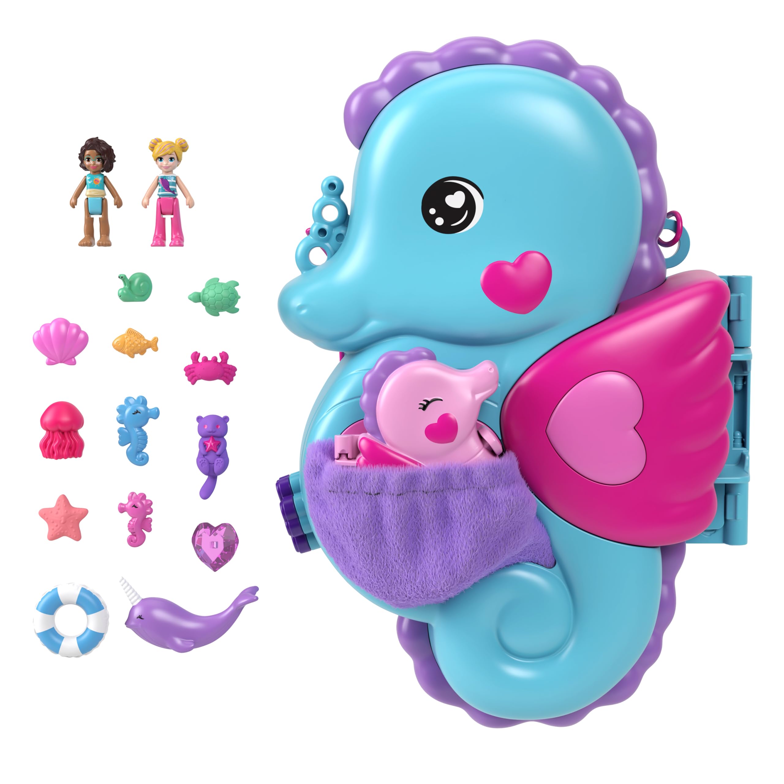 Polly Pocket Dolls and Animal Playset with 13 Accessories, 2-in-1 Daddy and Me Seahorse Box, Portable Bag and Animal Toy, with Shani, HWP03
