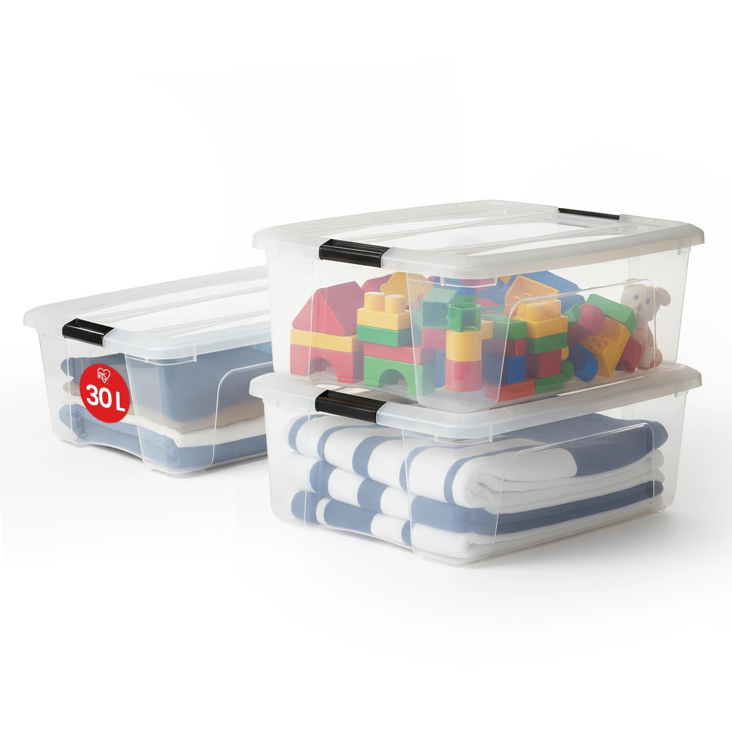 Iris Ohyama Storage Boxes with Lids, 30L, Set of 3, Transparent, Secure Closure, Stackable, Handles, Bedroom, Closet, Office, Organization, BPA Free Plastic, Organizer Boxes, NTB-30 - 104512