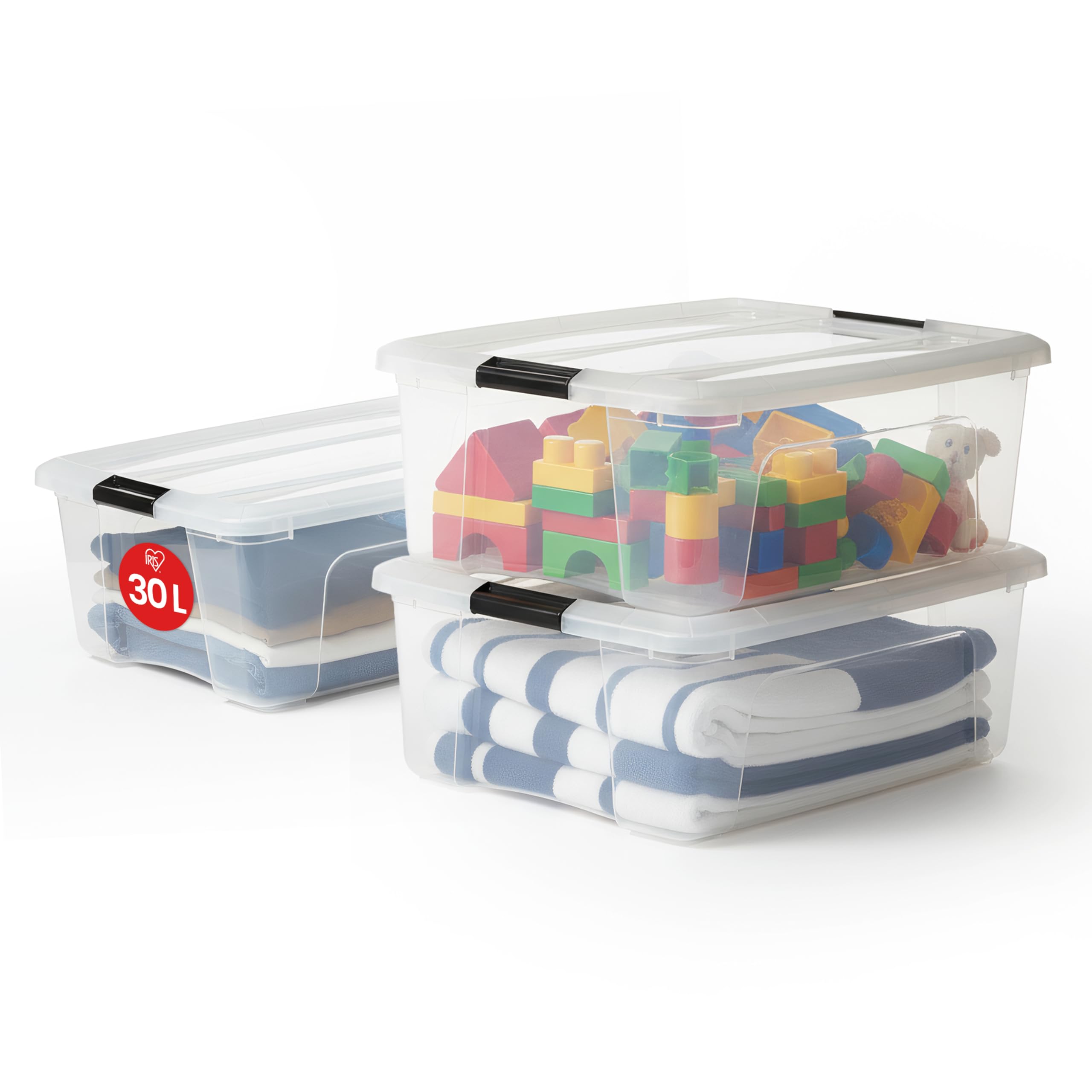 Iris Ohyama Cutii de depozitare cu capace, 30L, Set de 3, Transparente, Inchidere sigura, Suprapunere, Manere, Dormitor, Dulap, Birou, Organizare, Plastic fara BPA, Cutii organizatoare, NTB-30 - 104512