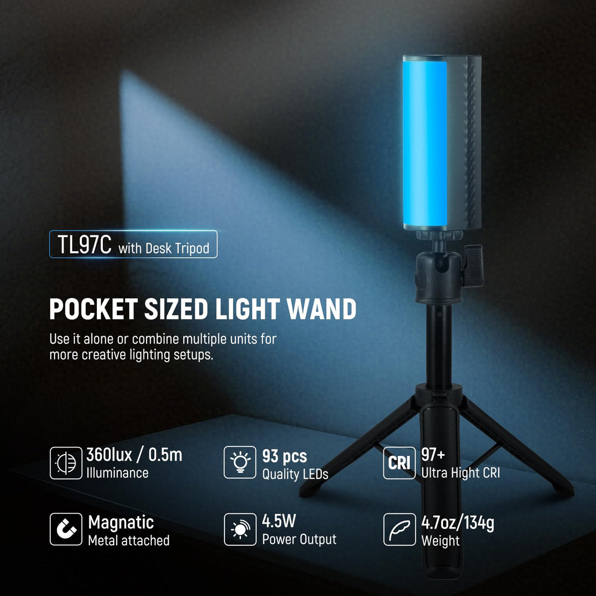 NEEWER Magnetic Hand Light Stick with Table Tripod, 17 Scenes, APP Control 360° Full RGB Mini LED Video Hand Light Stick, 2500K-8500K Dimmable CRI97 for Photography Vlog TikTok, 2550mAh Battery, TL97C