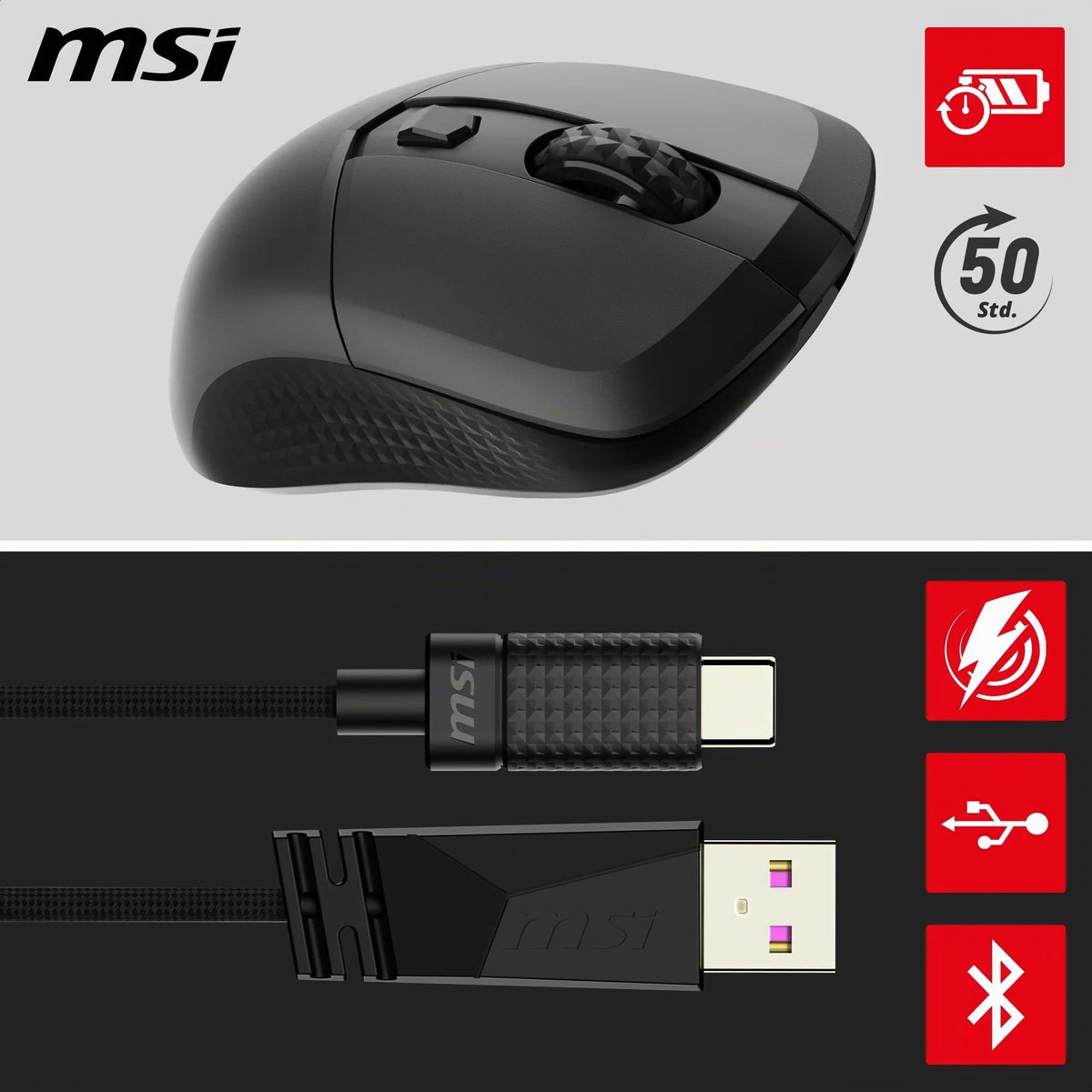 MSI Versa 300 Wireless Gaming Mouse – 8000 DPI optical sensor, 1000 Hz polling rate, symmetrical design, 30M+ clicks, 6 buttons, 50-hour battery life, 1 ms latency, 60 g – Wired/Wireless - S12-4301260-CLA