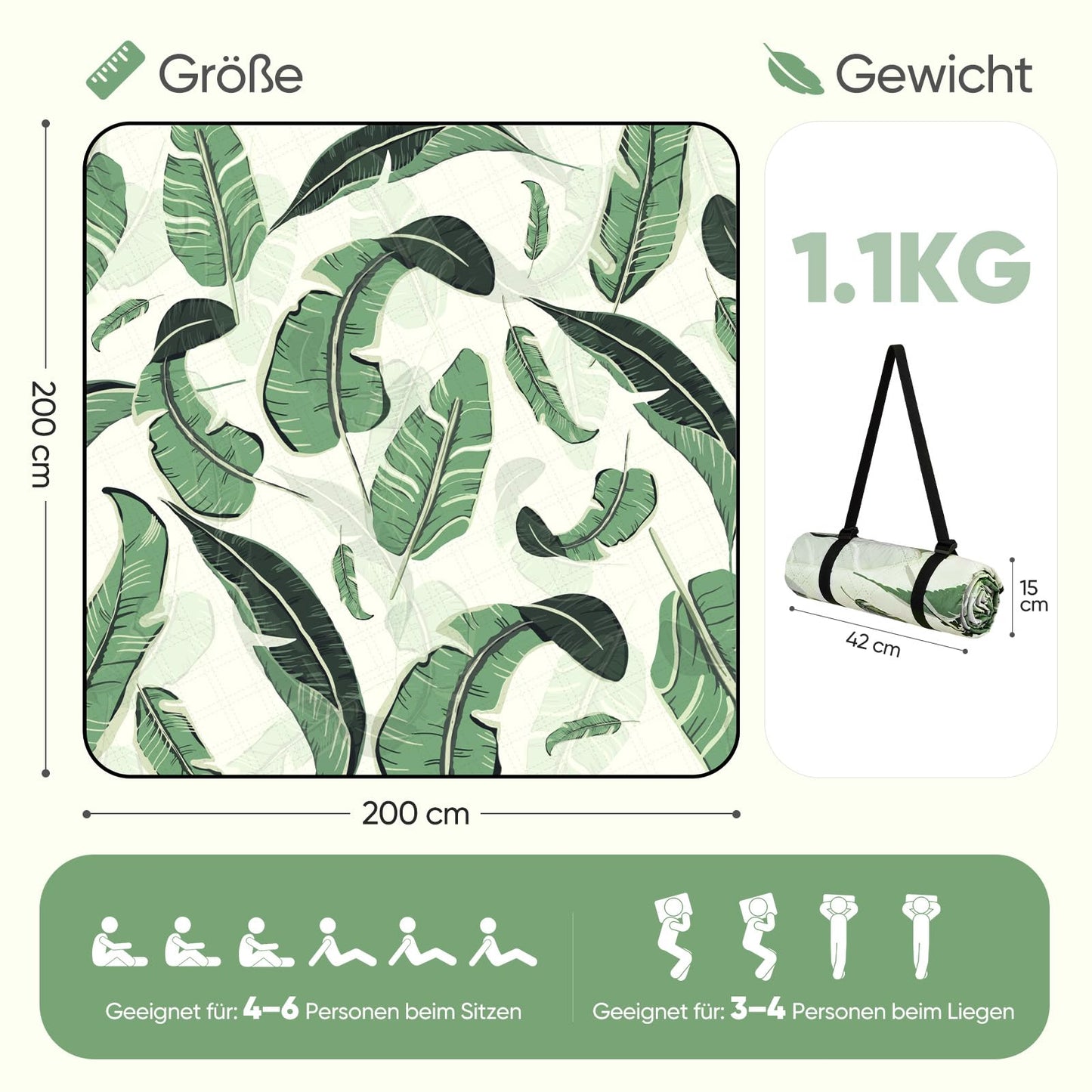 Sekey picnic blanket, waterproof, 200 x 200 cm, beach blanket, sand-free Padded, three-layer structure, PEVA waterproof base, tie strap carry strap, suitable for picnic, camping, beach - PM19