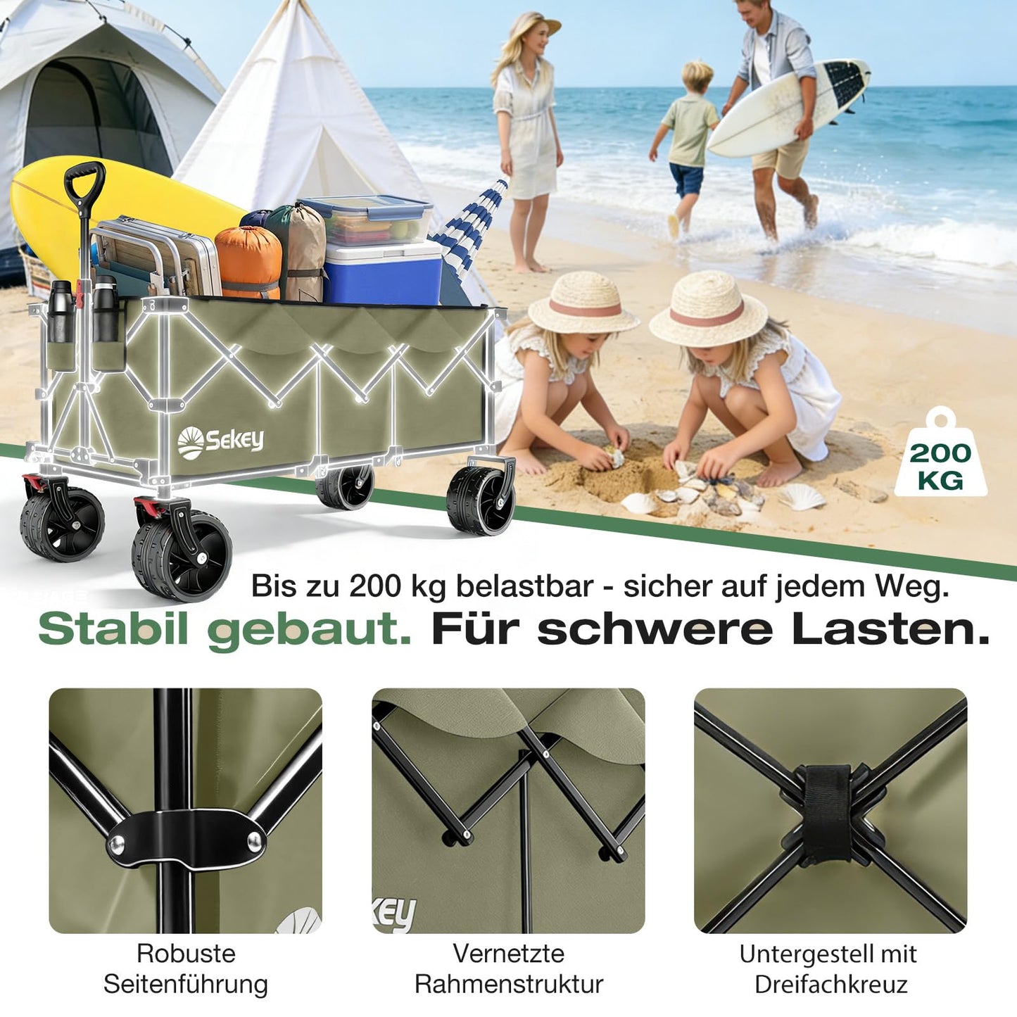 Sekey XXXL Handcart Foldable 300L 200KG Heavy Duty, Extended Folding Handcart with Extra Width 17x10 cm All-Terrain Wheels Handcart, Patented 4-Way Instant Assembly Transport Cart, Olive Green - 4013