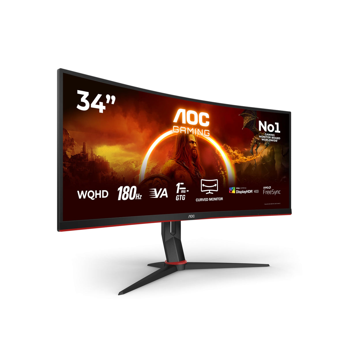 AOC Gaming CU34G2XP - Monitor curbat WQHD de 34 inch, 180 Hz, FreeSync Premium, HDR400 (3440x1440, 1ms GtG, HDMI, DisplayPort, USB Hub) negru-roșu - CU34G2XP/BK