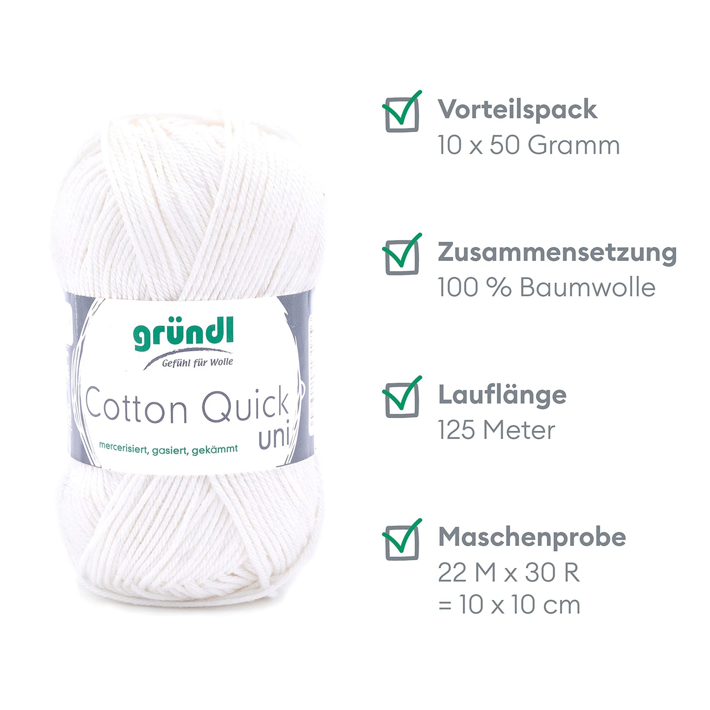 Gründl Wolle Cotton Quick uni - thin wool for crocheting - knitting yarn - crochet yarn - shiny and skin-friendly - 100% cotton - 10 balls 50 g / 125 m - needle size 3-4 - cream - 865-101