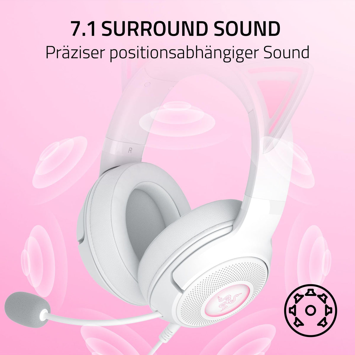 Razer Kraken Kitty V2 - Wired RGB headset with kitty ears for gaming and streaming (325 g, Triforce 40 mm drivers, HyperClear cardioid mic, surround sound) White - RZ04-04730600-R3M1