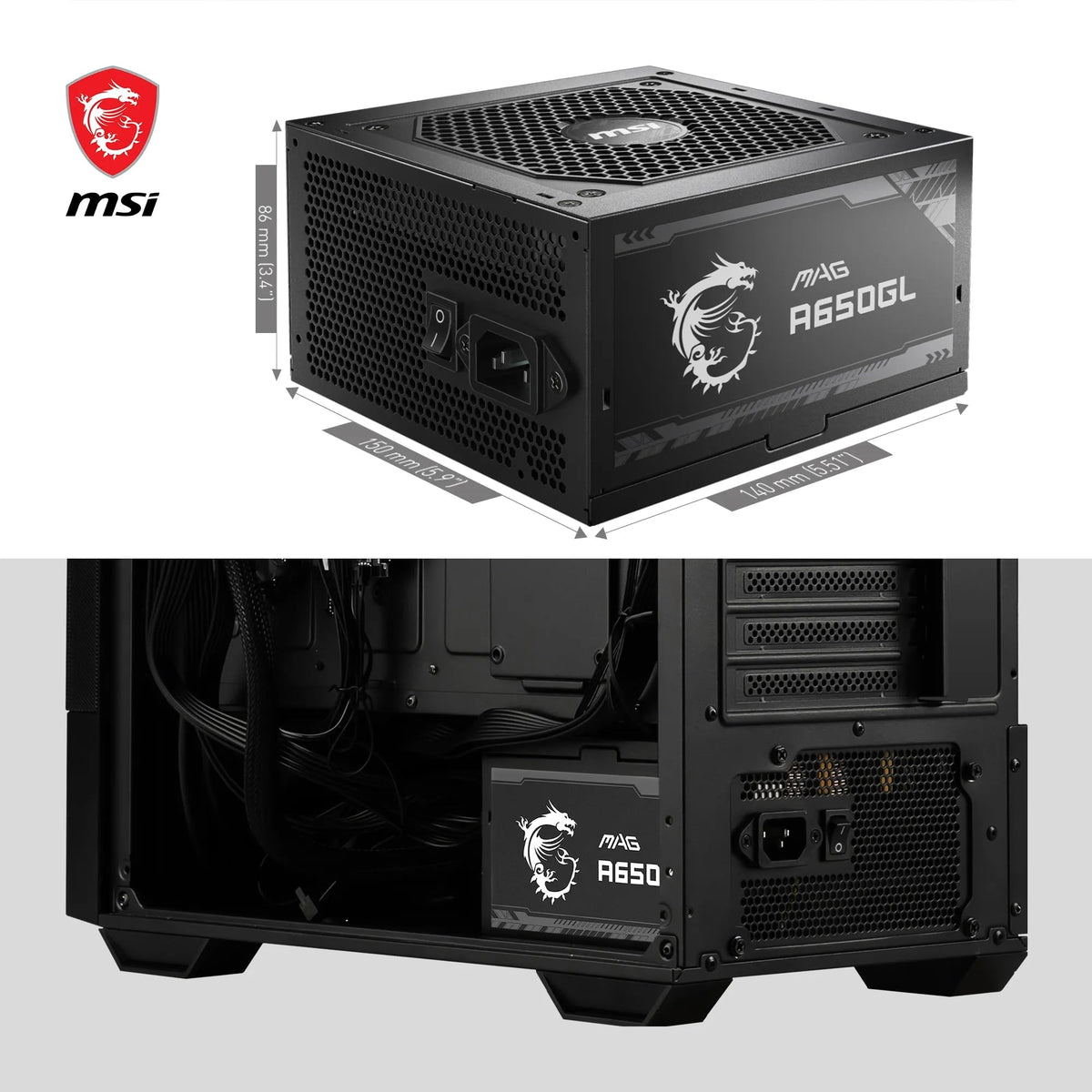 MSI MAG A650GL Sursă de alimentare, 650W, 80 Plus Gold, complet modulară, ventilator de 120mm FDB cu rulmenți dinamici, Full-Bridge LLC, cabluri plate negre - 7 ani garanție - 306-7ZP8C11-CE0