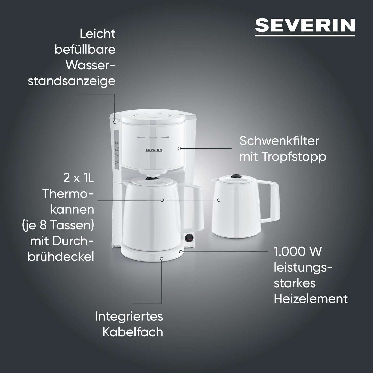 Severin filter coffee machine with 2 thermal jugs, coffee machine with brewing lid, drip-free pouring, long temperature storage, automatic switch-off, 1000 W, approx. 1 liter, white, KA 9309