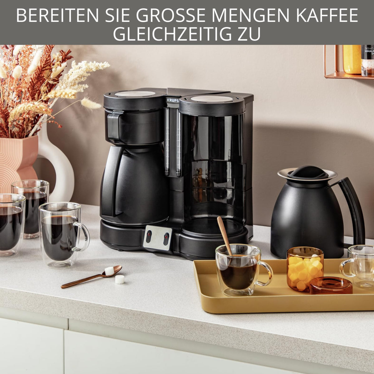 KRUPS Duothek Thermo Filtru de cafea, două carafe izolate separate și procese de preparare, performanță de izolare foarte bună, comutator de pornire și oprire cu lumini de control, 2 x 8 cești, Negru, KT8501