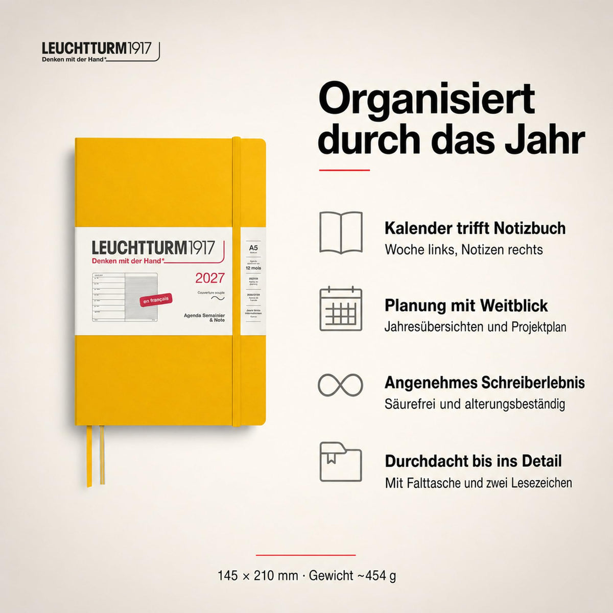 LEUCHTTURM1917 calendar săptămânal 2027 mediu (A5) cu caiet, cu linii - planificator de întâlniri francez, floarea soarelui, copertă moale, ianuarie-decembrie 2027, prezentare săptămânală în stânga + pagina de note în dreapta - 400390